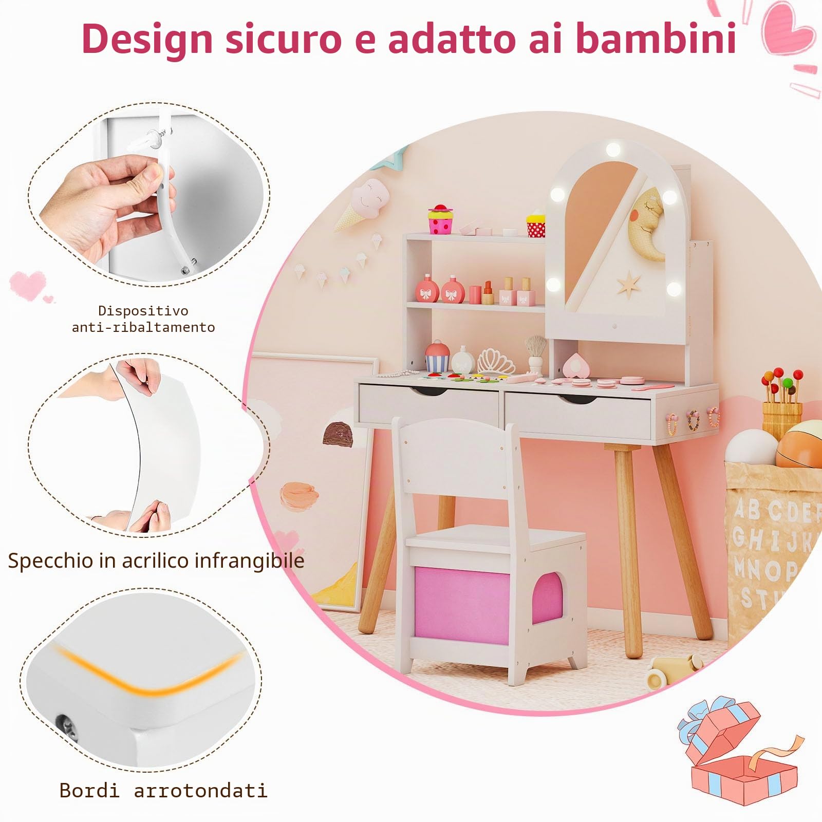 LIFEZEAL Specchiera Trucco per Bambina 3+Anni, con Luci, Sgabello, Sedia, Specchio, Tavolo Toeletta, Postazione Makeup, con 3 Cassetti, Armadietto, Mensole, Accessori, in Legno, Cameretta (bianco)