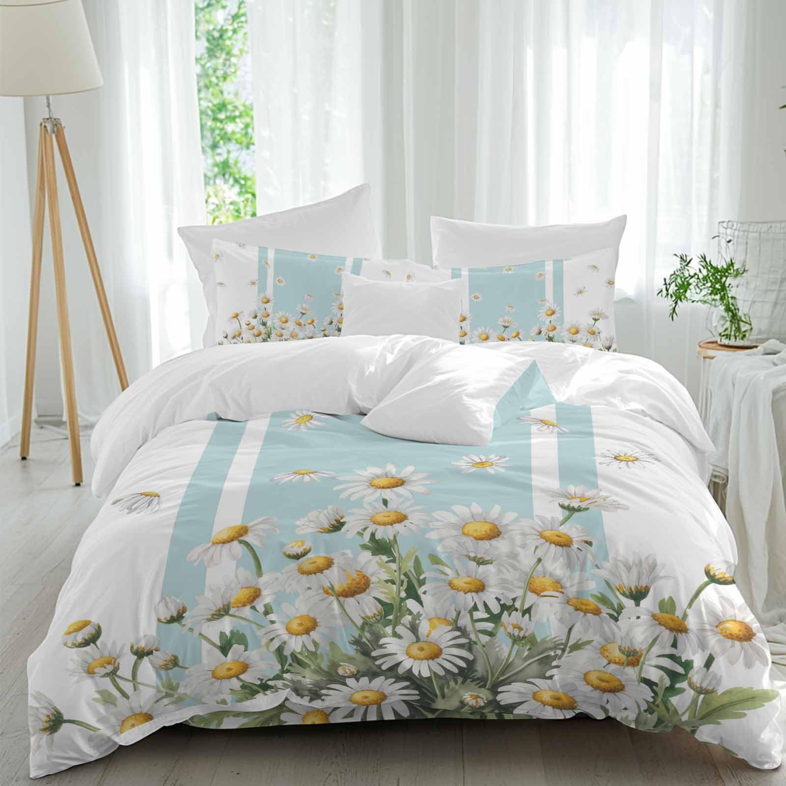 Stripes Flower Duvet Cover Set Twin Size Microfiber Soft Comforter Quilt Duvet Patterned Bed Duvet Cover with Flat