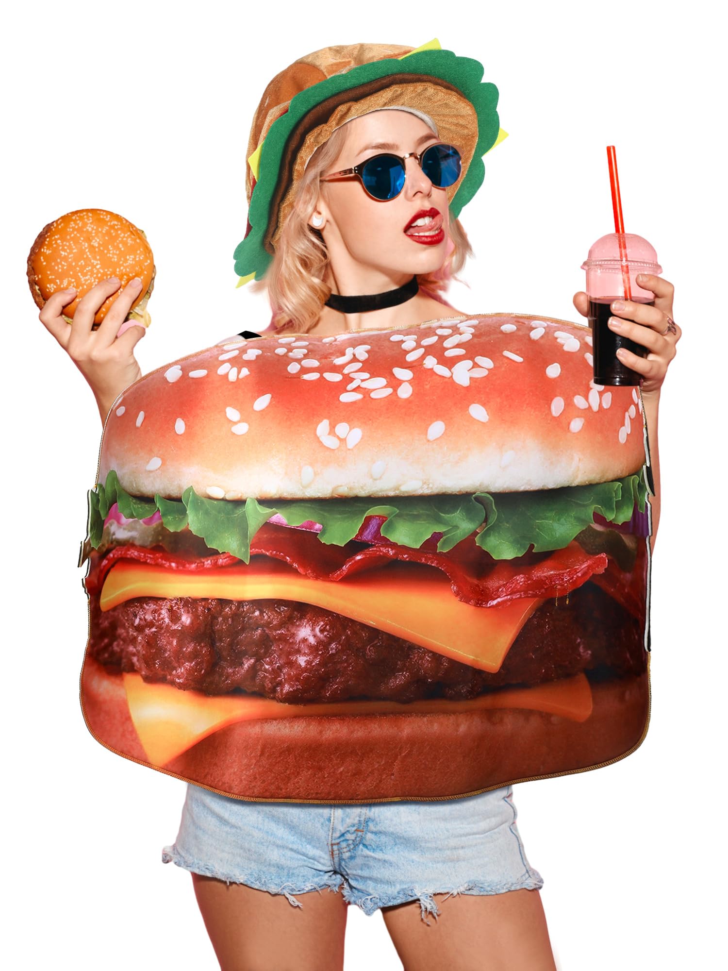 Ramede 2 Pcs Adult Cheeseburger Costume Plush Hamburger Hat Set Include Burger Costume Fast Food Costume Burger Hat Silly Hat for Women Men Party Supplies Decorations