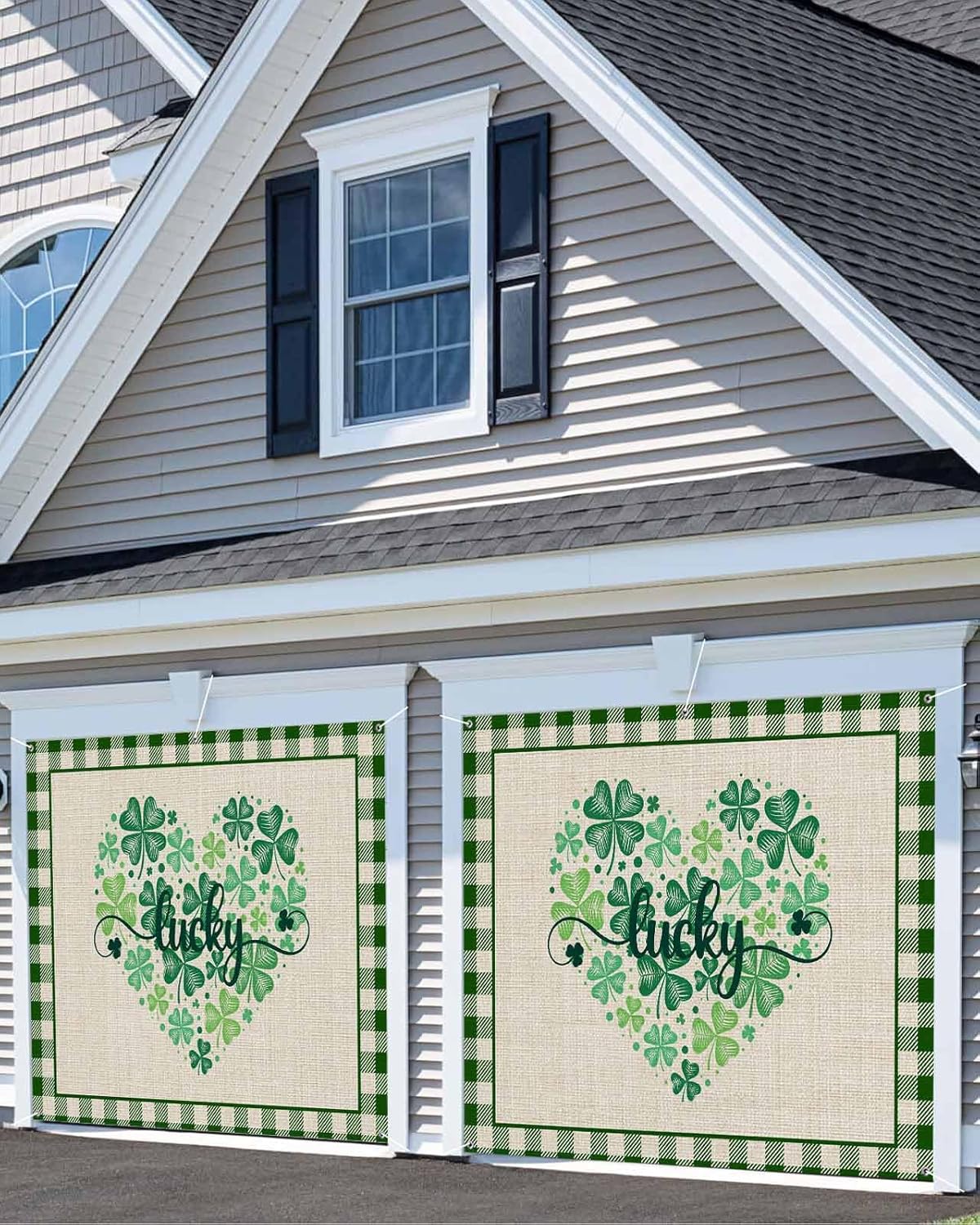 Garage Door Cover Banner 7x8 Ft, St. Patrick's Day Garage Door Decorations for Christmas/Thanksgiving, Love Lucky Shamrock Green Plaid Linen Large Hanging Backdrop Covers for Outdoor Holiday