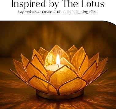 Om Gallery Gemstone Lotus Tealight Holder - Handcrafted Capiz Shell Design for Soft Glow, Elegant Home & Table Decor, Wedding Centerpieces, Votive Candle Styling, and Thoughtful Gifting - Amber | Handcrafted Capiz Shell Design for Soft Glow, Elegant Home & Table Decor, Wedding Centerpieces, and Thoughtful Gifting