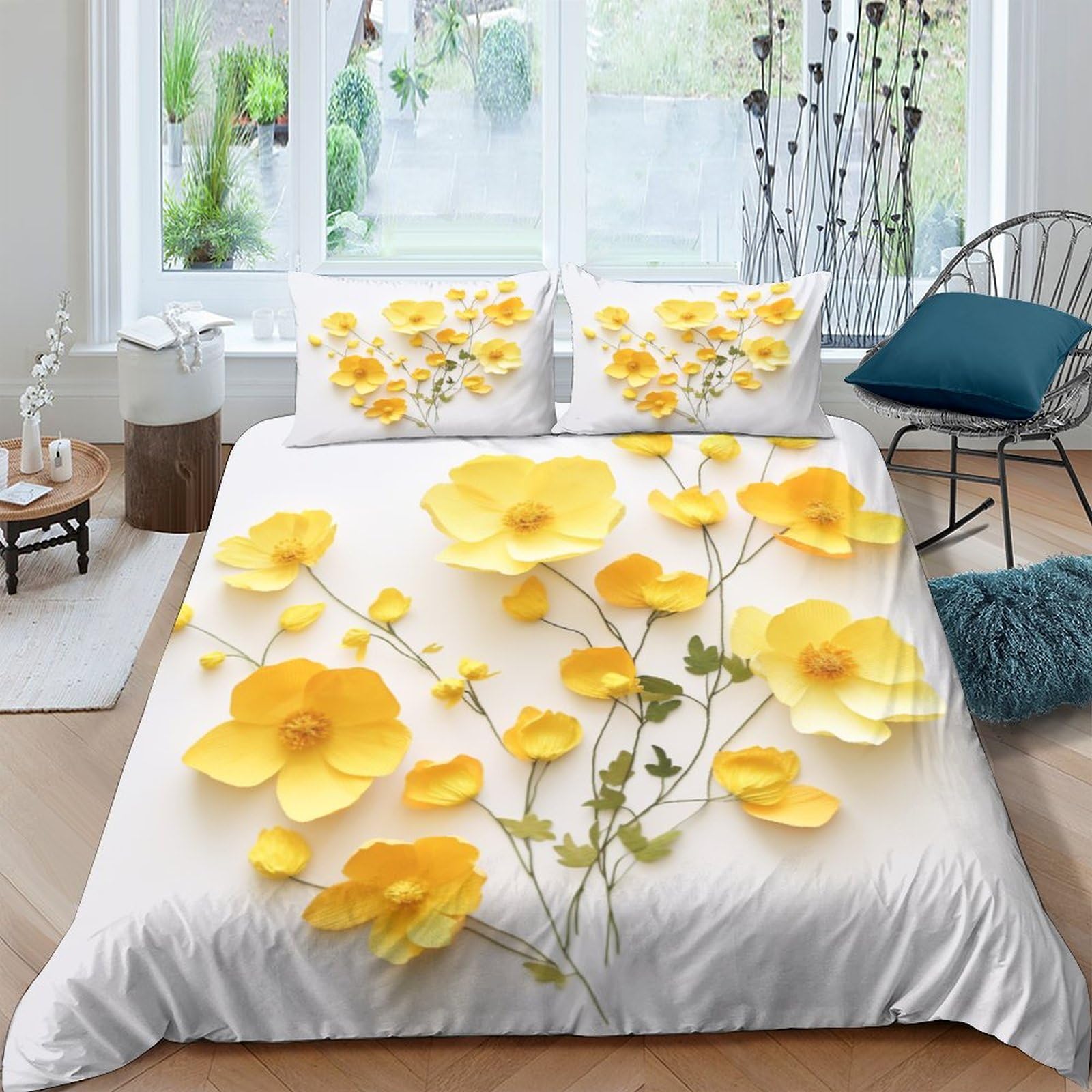 Housses de couettes anti-plis IOFEER fleurs jaunes ensemble de literie King 220x240cm facile à laver