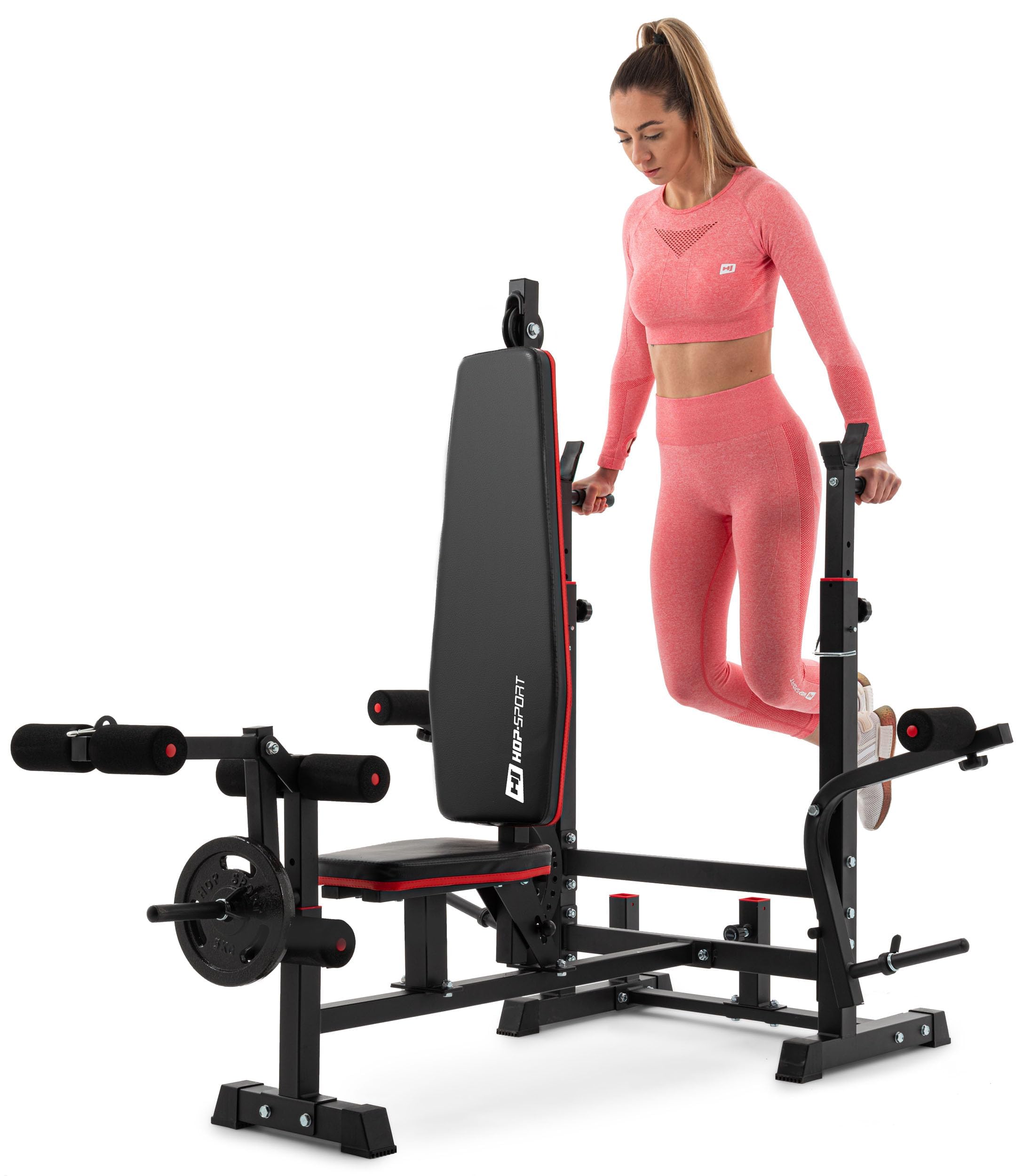 Hop-Sport Hantelbank, Multifunktionale Trainingsbank mit Butterfly, Beincurler & Curlpult, Verstellbare Langhantelständer, Heimfitness Kraftstation, 270 kg Belastbarkeit