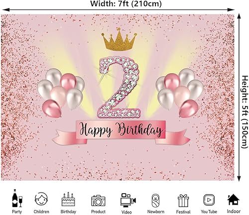 Miniatura 2 de Decoración de feliz segundo cumpleaños de 7 x 5 pies para fiesta de niña, telón de fondo de fotografía para fiesta de cumpleaños de 2 años de edad,