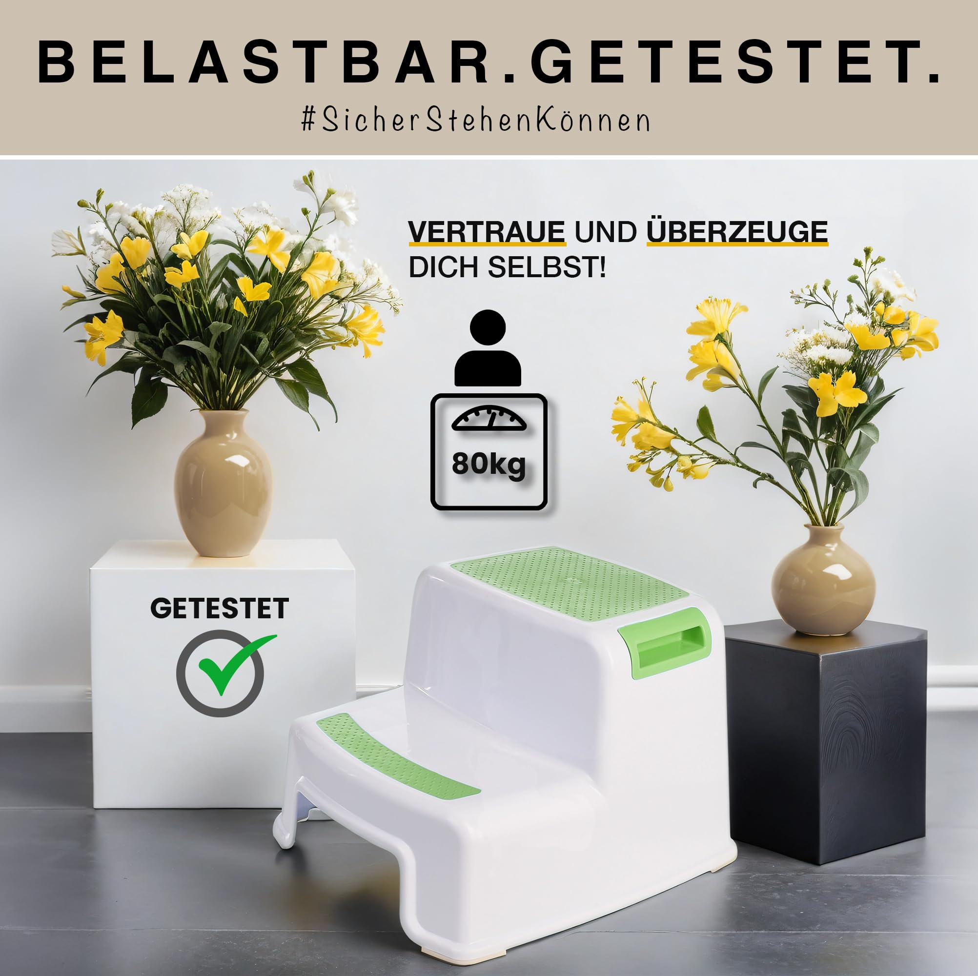 ADRIANO PORCARO® Opstapkruk Voor Kinderen, 2 Traps Kruk 26 Cm Hoog Belastbaarheid 80 Kg Rubberen Loopvlak Kinderbad Met Handgrepen Volwassenen Senioren Grijs 664222956