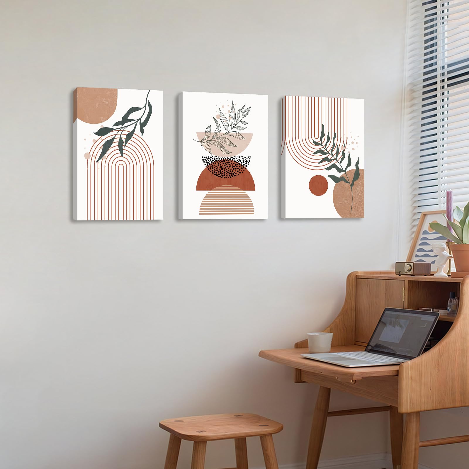 3 Pcs Wooden Framed Canvas Wall Art Set Bohemian Sage Green Canvas Prints Poster Geometric Line Beige Green Pictures for Living Room Bedroom Dinning Room Hallway Stairs Wall Decor 30x40cm x3pcs — view 456