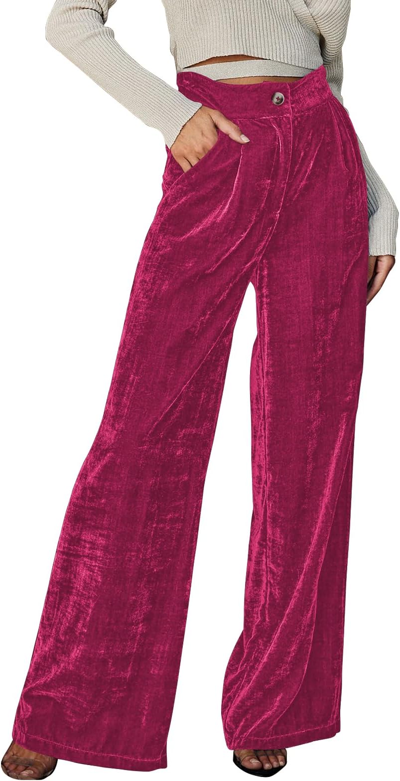 FAIABLEVelvet Pants for Women High Waisted Wide Leg Palazzo Pants Causal Outfits Long Flowy Trousers with Pockets Rose Red