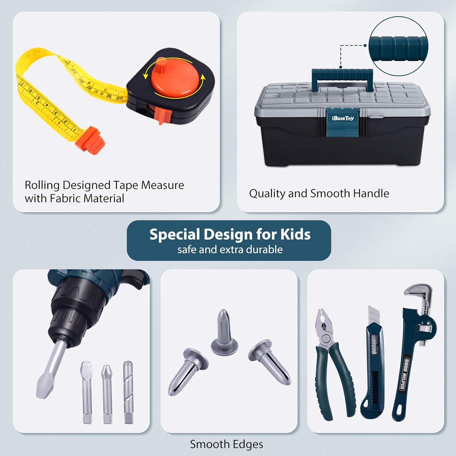 iBaseToy Kids Tool Set - 45 PCS Pretend Play Tool Toys for Toddler, Kids Electric Drill Tool Toys Kit with Working Overalls, Construction Tool Kit Playset Tool Box Gift for Kids Boys Girls