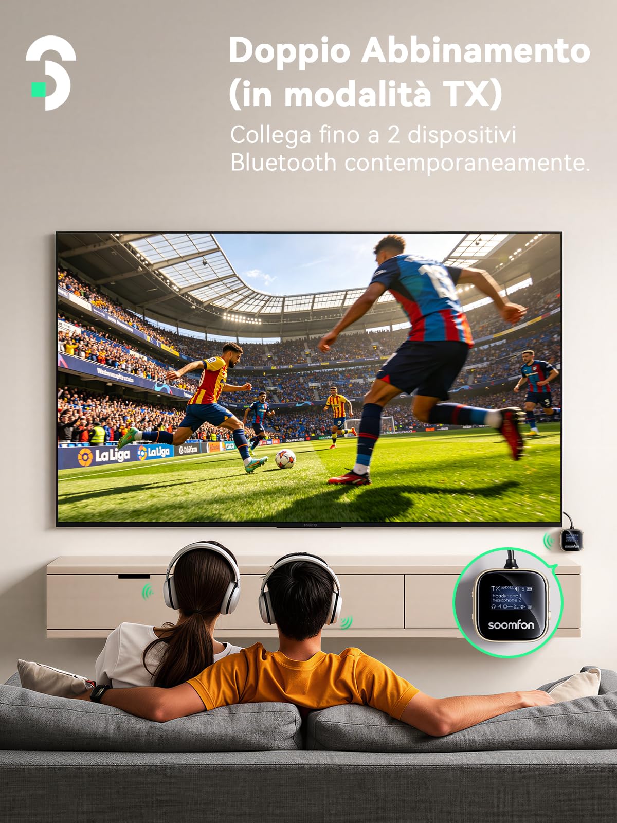 SOOMFON 2 in 1 aptX Trasmettitore Ricevitore Bluetooth Adattatore Bluetooth | Trasmettitore Bluetooth Jack 3.5mm Adattatore Bluetooth per TV Aereo Auto Impianto Stereo Ricevitore a 23 Ore di Autonomia