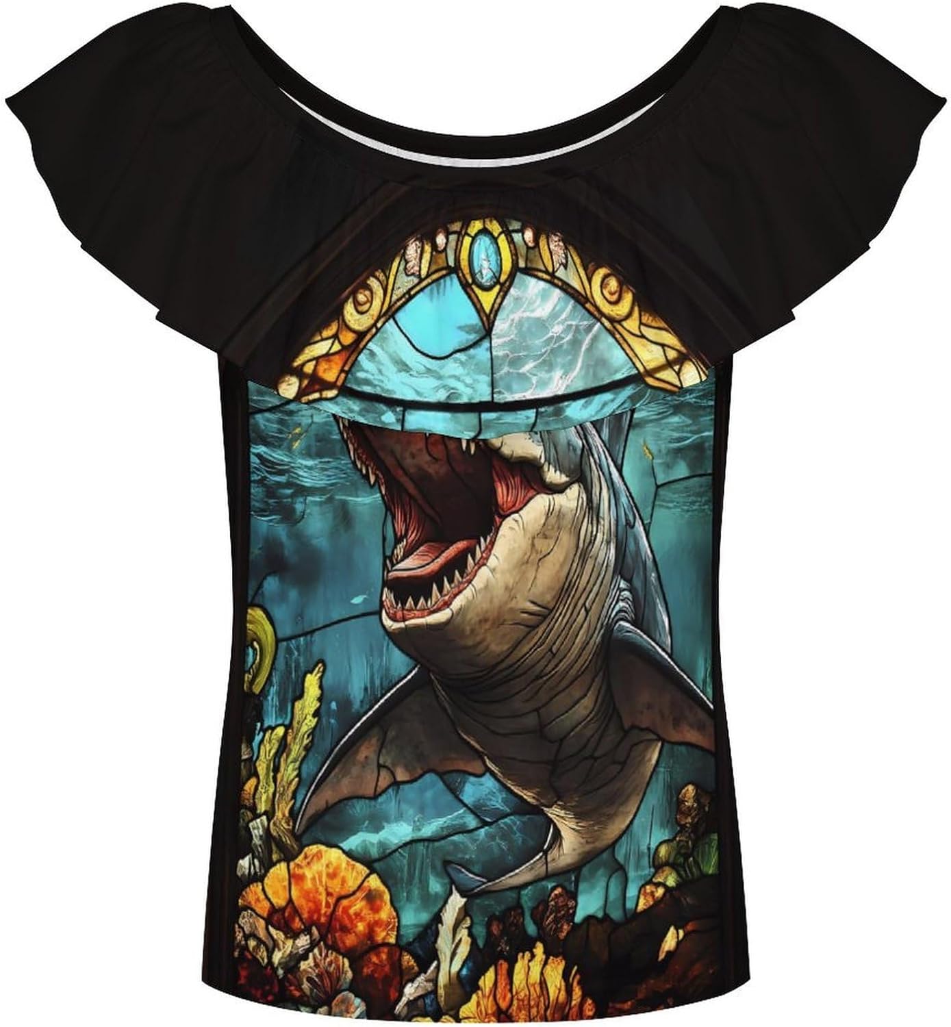 Glass Window Shark Megalodon Ocean Girls T-Shirts Top Ruffle Short Sleeve Blouse Casual Graphic Tees