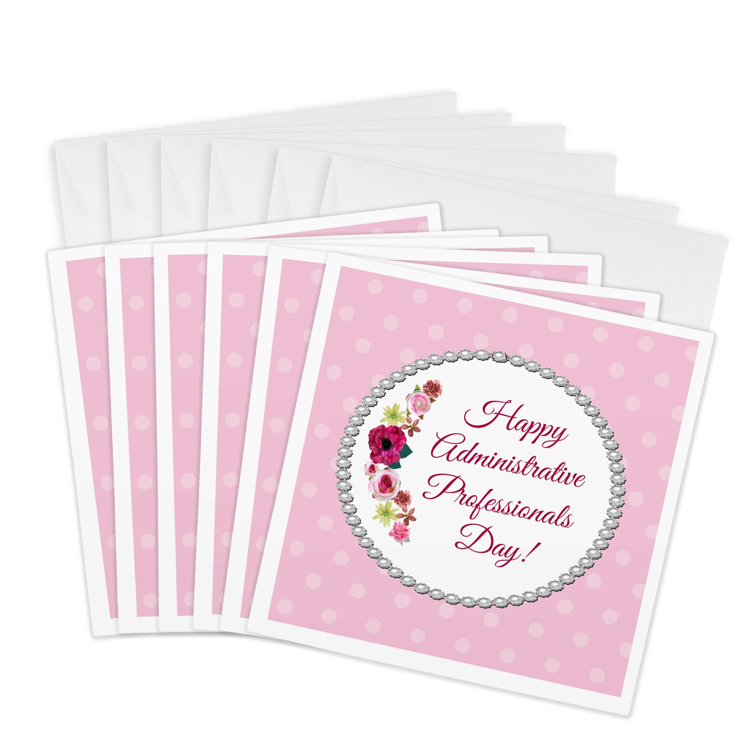 3dRose gc_244094_1 6 x 6-Inch "Roses, Pink, Red, Pearl Look Frame, Dots, Administrative Assistant" Greeting Card (Pack of 6)
