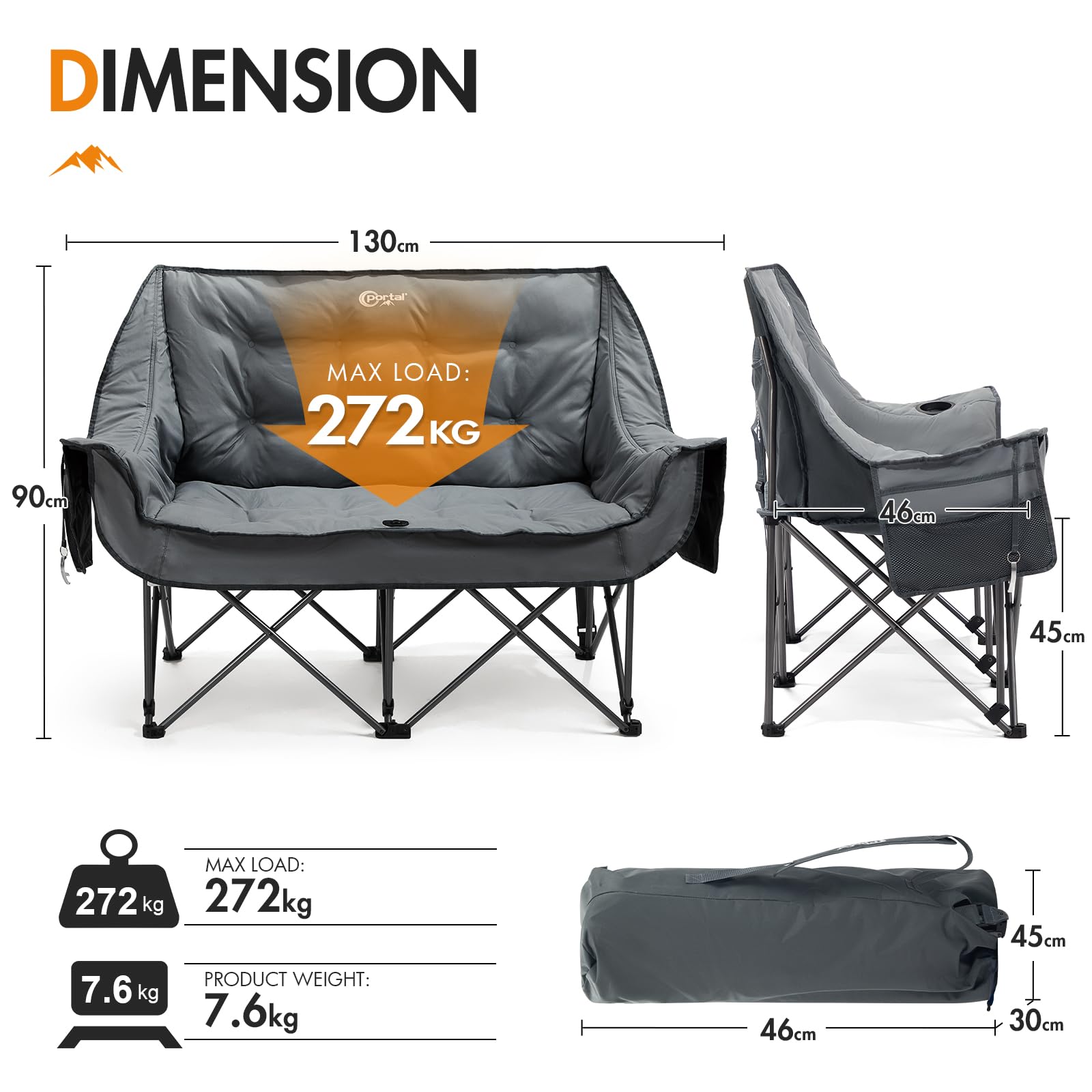 Portal Canapé de camping pliable à double rembourrage pour adultes – Grand fauteuil matelassé de luxe – Chaise géante pour festival, jardin, pelouse, pique-nique – Charge maximale
