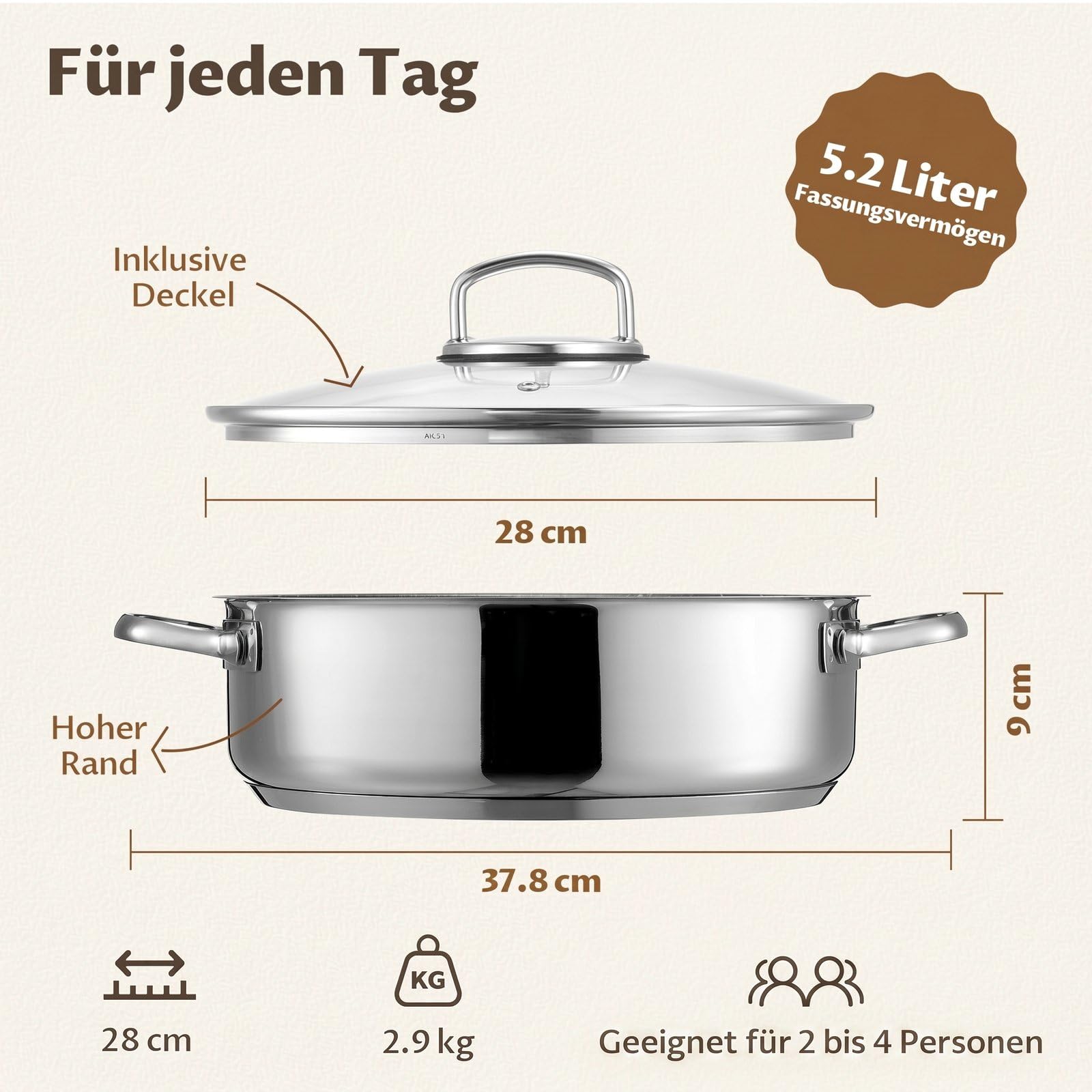 BEZIA Sartén honda de 28 cm de alto, 5,2 L, olla con tapa, acero inoxidable 18/10, revestimiento antiadherente, sin remaches, lavable, sartén para todo tipo de fuegos, para conservar el sabor, apta