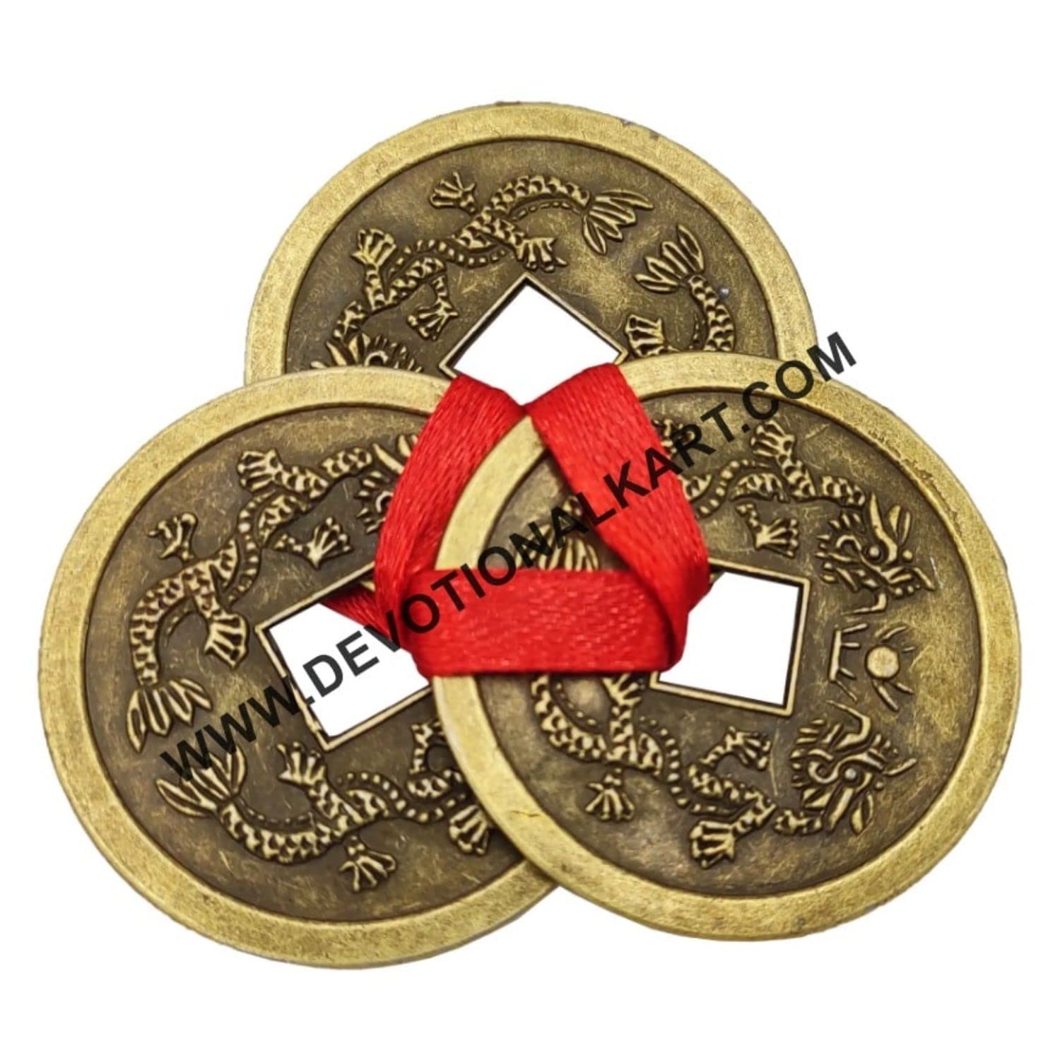 Devotional Kart Feng Shui Three Lucky Chinese Coins Tied with Red Ribbon