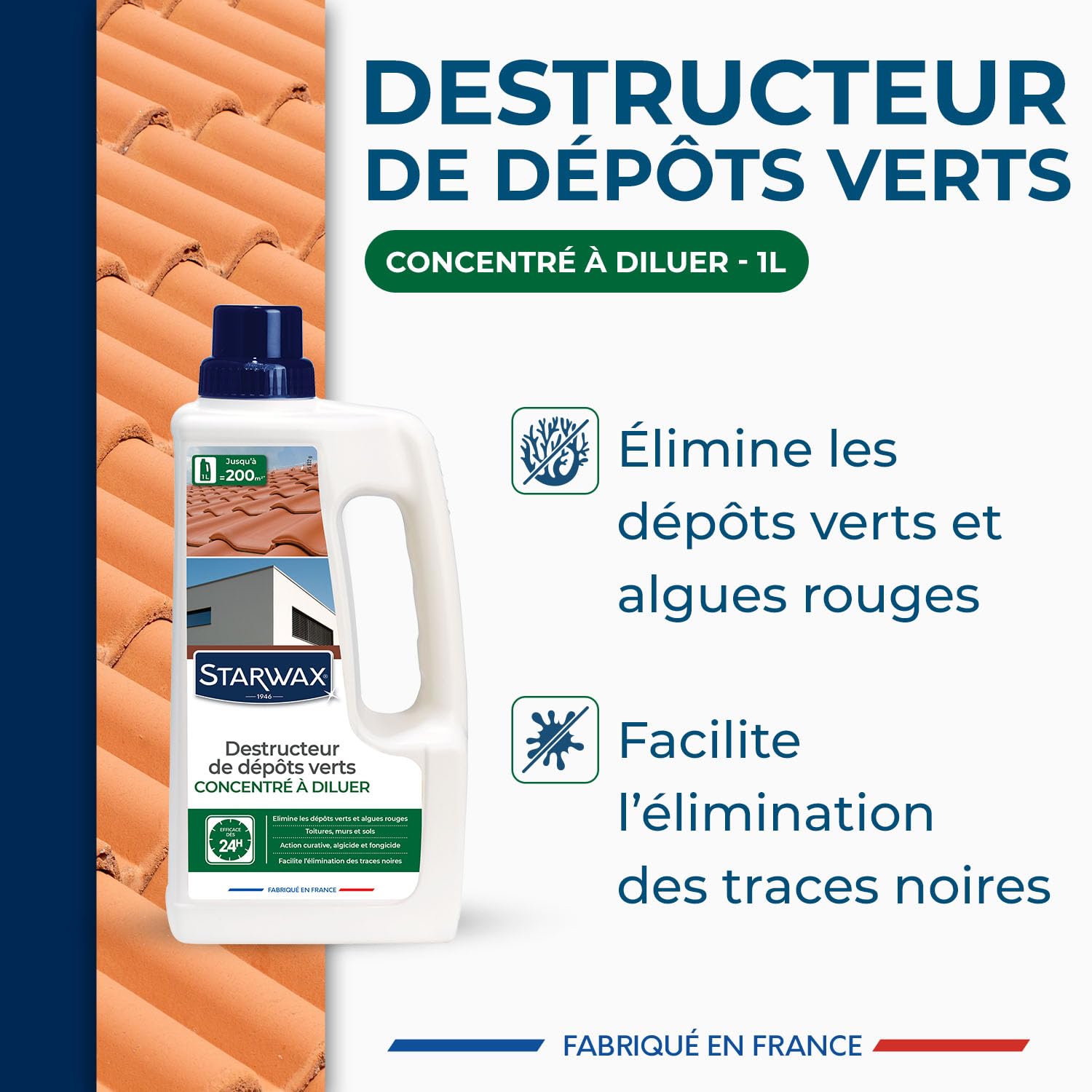 STARWAX - Destructeur de Dépôts Verts Concentré à Diluer - Elimine en Profondeur les Dépôts Verts, Lichens et Algues -Toitures, Murs et Sols - Sans Rinçage -Efficace dès 24h - Fabriqué en France - 1l