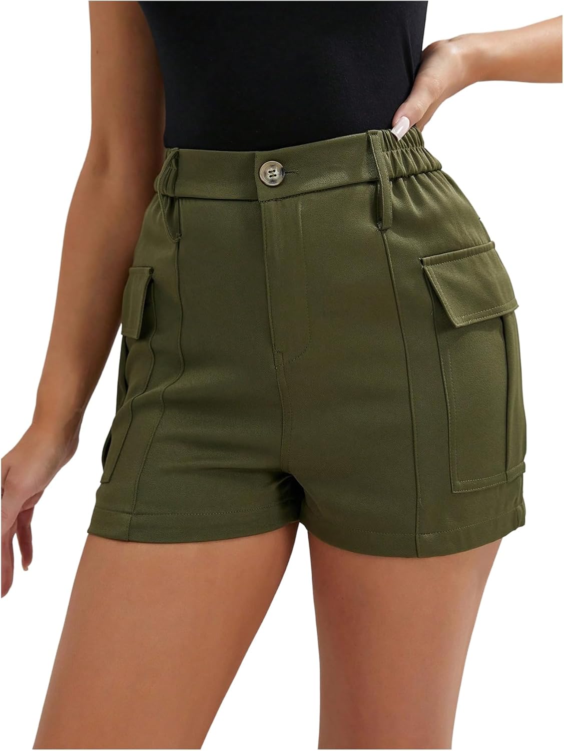 OYOANGLE Women's High Waist Cargo Shorts Button Front Casual Stretchy Summer Mini Shorts with Pockets