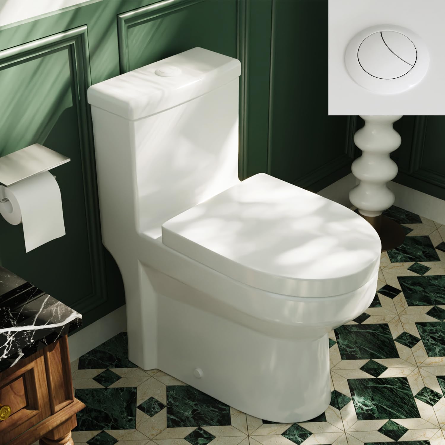 DeerValley Toilettes compactes monobloc, 30,5 cm, avec siège à fermeture douce, bouton blanc, idéal pour les petits espaces de salle de bain