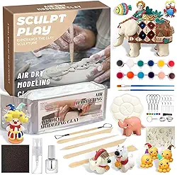 GOVOY Kit de cerâmica de argila seca a ar, kit de argila DIY para iniciantes, feito à mão em casa, com 12 peças de tintas, ferramentas de escultura de madeira, molde de animal, conjunto de artes e