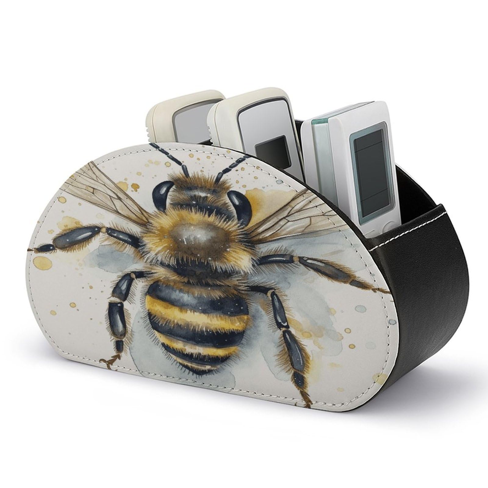 VstaDank Watercolor Bee Remote Control Holder Farmhouse TV Media Remote Storage Box with 5 Compartments PU Leather Remote Caddy Desktop Organizer for Home Bedside Table Organizer