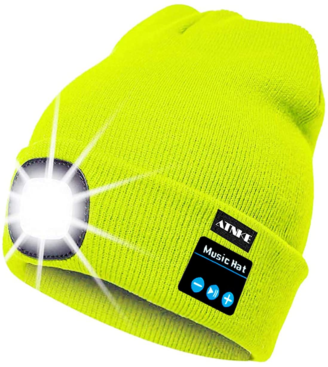 Atnke Women's Fluorescent Yellow Led Lighted Bluetooth Beanie Cap, Usb Rechargeable Wireless Musical Running Hat Ultra Bright 4 Led Light Lamp Use For Skiing Hiking Camping Cycling