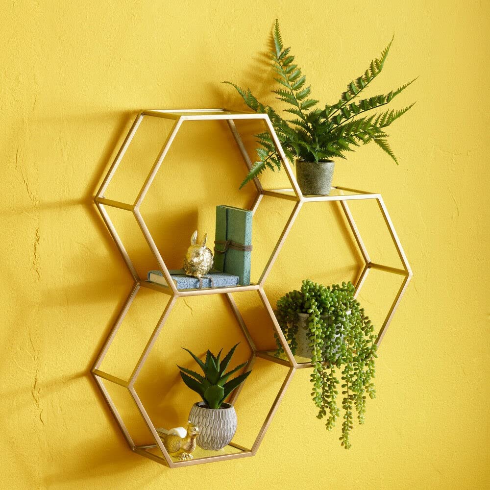 AYMH® Hexagon Wall Shelf 5Surface Display Matte Gold Finish