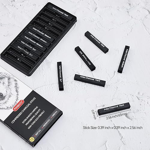 Miniatura 2 de PANDAFLY Palitos de carbón comprimido, 12 piezas (suaves, medianas, duras) palitos cuadrados de carbón para dibujar, bocetar, sombrear, juego de