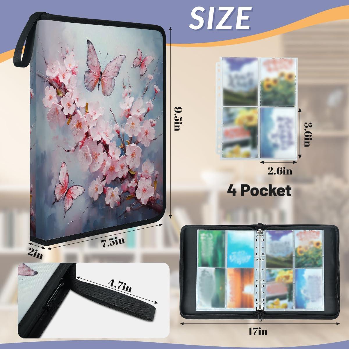 Raccoglitore per carte collezionabili con 4 tasche, rosa, farfalla e fiori, raccoglitore per carte dipinte con fiori di ciliegio, con maniche rimovibili, impermeabile, con cerniera, 50 pagine
