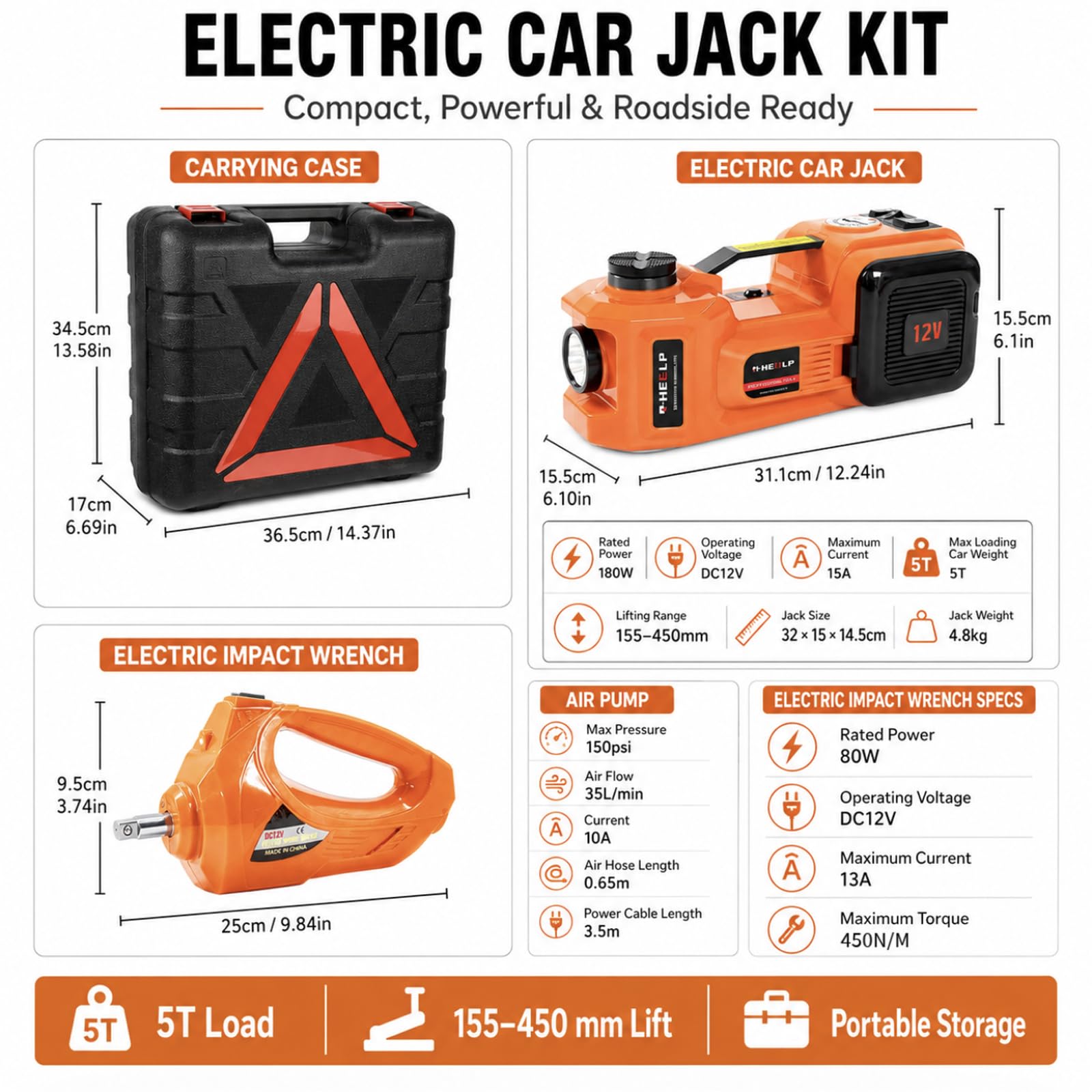 E-HEELP Kit cric elettrico idraulico per auto, 5 tonnellate, 12 V, sollevatore (portata di sollevamento: 6,1 ~ 45 cm) con avvitatore elettrico per SUV, monovolume, berlina, camion, cambio pneumatici
