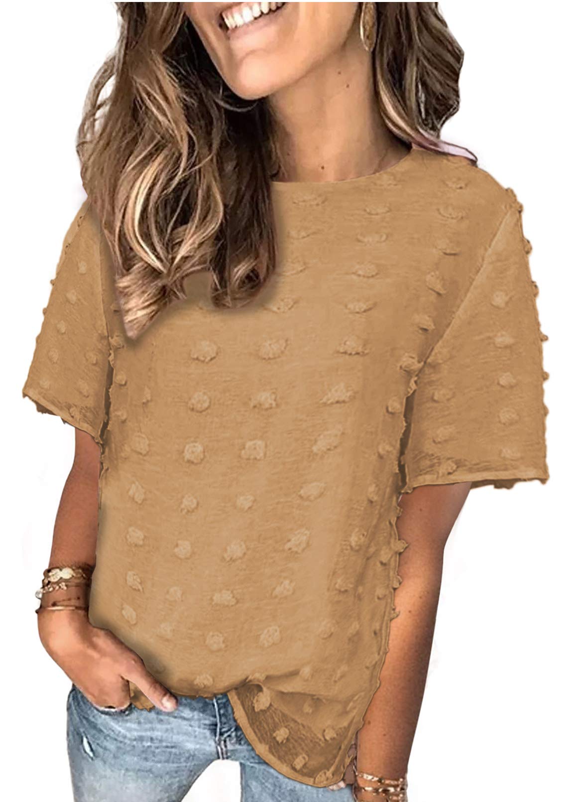 BTFBMWomen's Swiss Dot Casual Summer Tops Short Sleeve Crewneck Chiffon Blouses Cute Solid Color Loose Pom Pom Shirts Tees