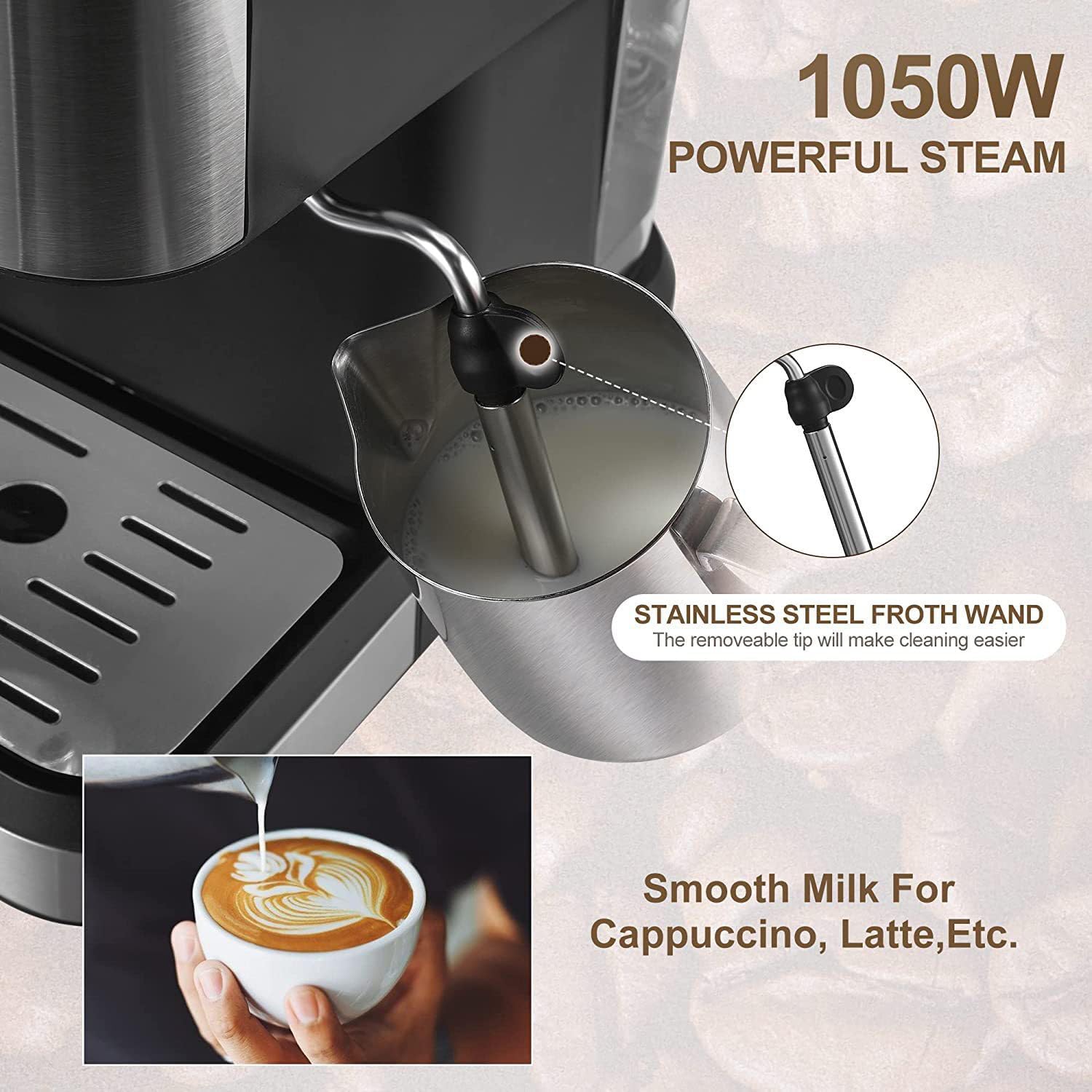 Cafetera expreso Profesional de 1050 W con vaporizador de Leche y depósito de Agua extraíble de 1,5 L para expreso, Capuchino y Latte.