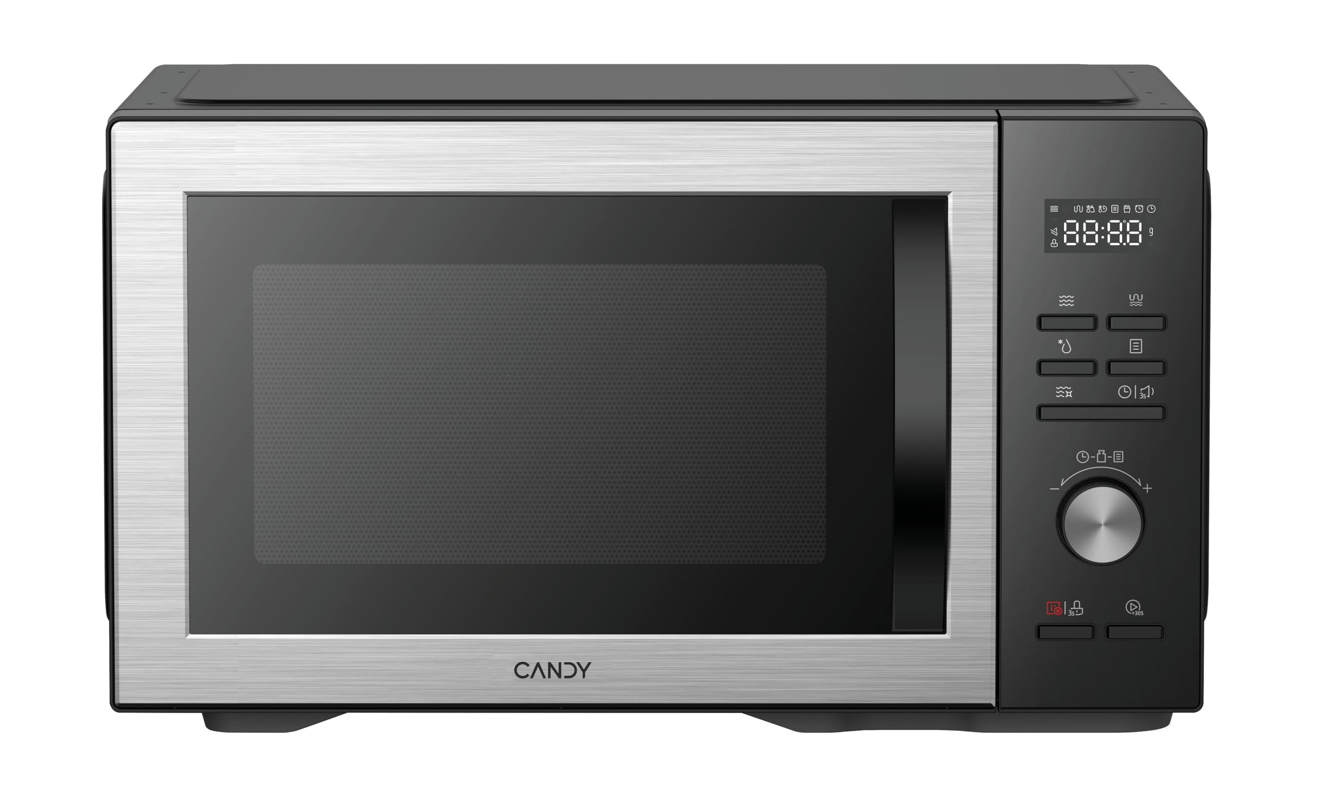 Candy Essenza Microondas con Grill, 31L, 1000W-1500W, 5 Niveles de Potencia, Autolimpieza, Automenús, Alerta Acústica Finalización, Grill Rack, Descongelación, Apertura Izquierda, Negro e Inox