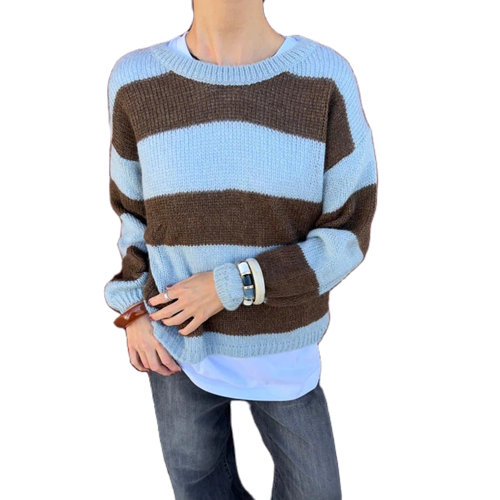 Womens Knit Striped Sweater Oversized Color Clock Long Sleeve Crewneck Pullover Jumpers Cute Trendy Sweater