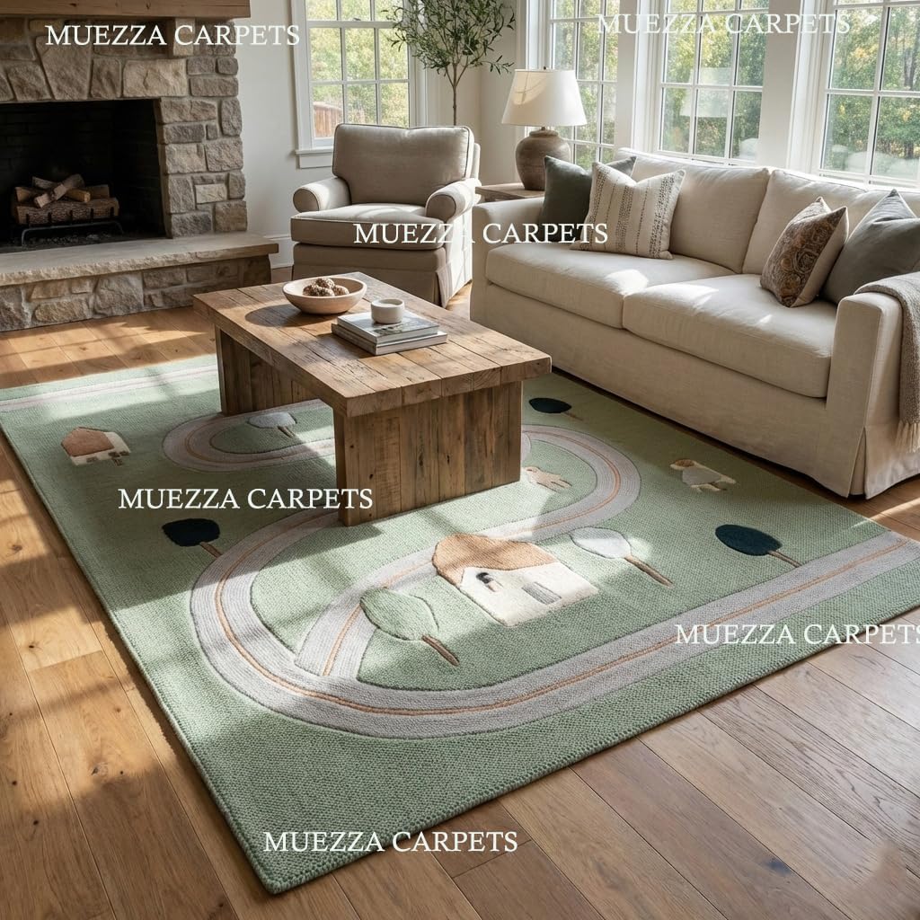 Hand Tufted Wool Kids Area Rug 9x12 Ft – Extra Large Nursery Playroom Rug, Pastel Green Road Design, Plush Handmade Wool Carpet