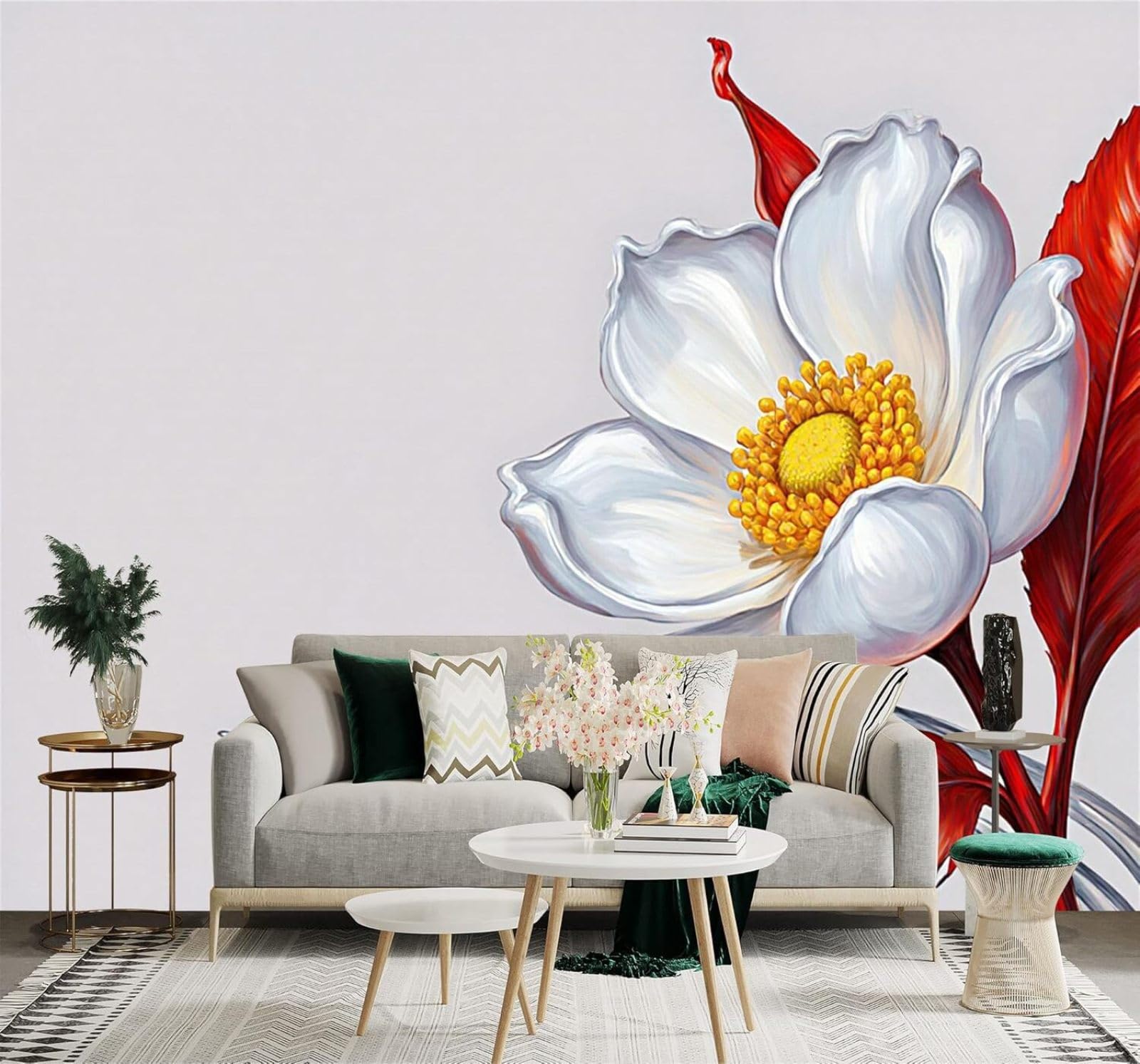 YueMingDi Elegance White Flowers Red Leaves Plants Illustration 3D Wallpaper Creative Modern Decoration Murals Home Decor Study Living Room Bedroom Sofa Background-150cm×105cm