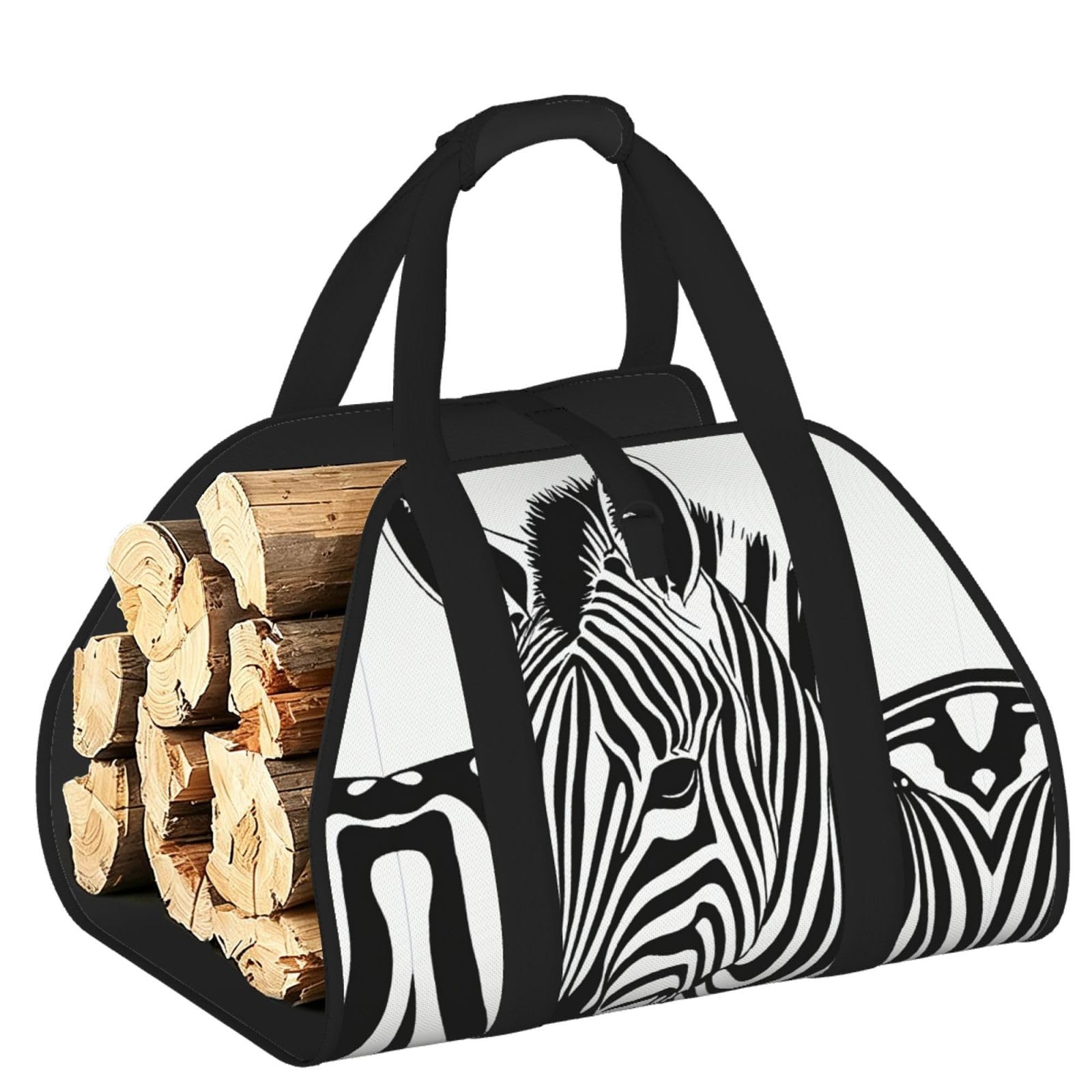 Zebra Print Printed Firewood Carrier Bag, Log Tote with Open-Ended Design for Camping Outdoor Wood Hauling