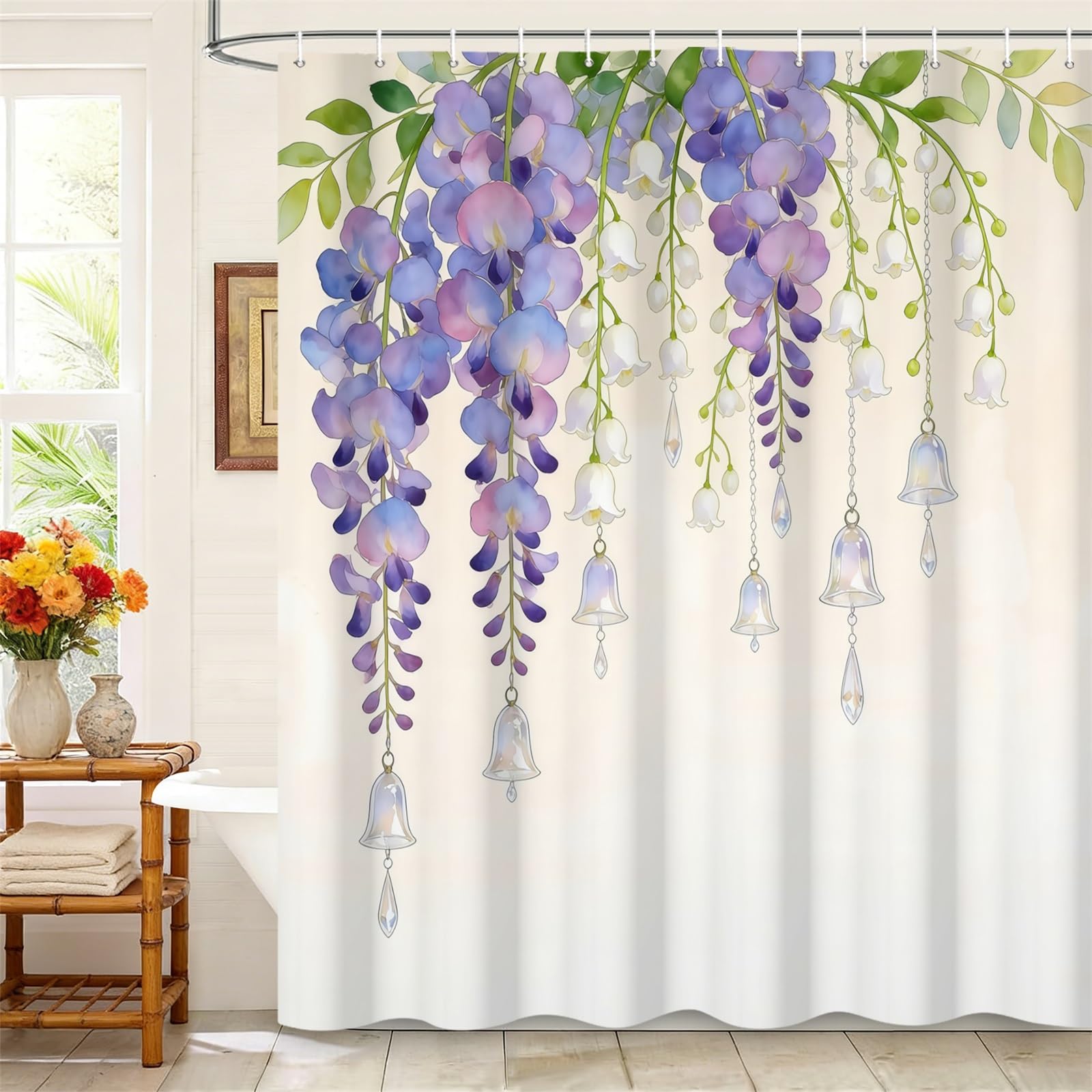 Kzzfqxb 178x183cm Floral Shower Curtains with Plastic Hooks, Purple Hanging Wisteria Flowers and White Lily Bells Waterproof Polyester Fabric for Bathtub, Beautiful Decoration for Girls Bathroom