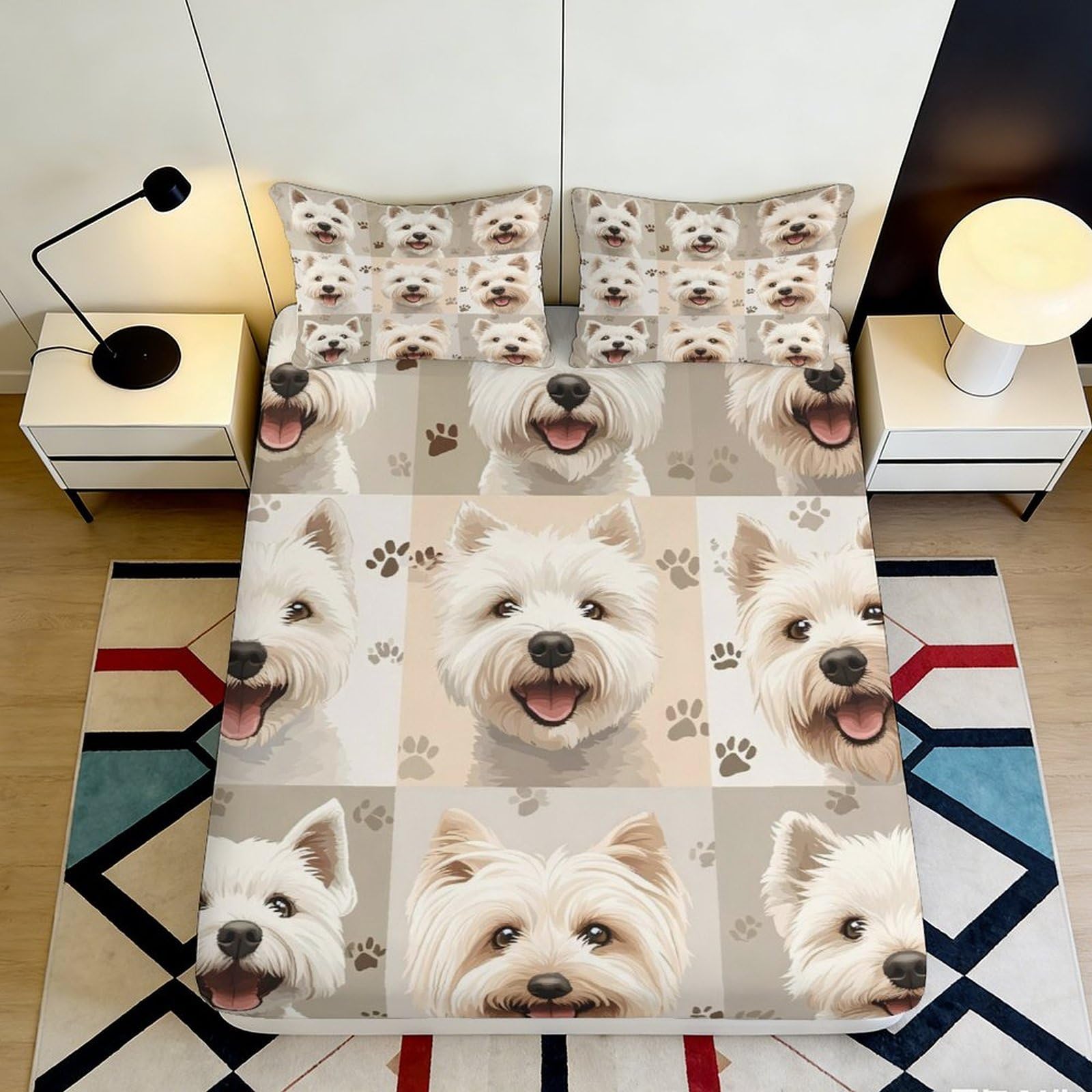 3D Printed Westie Dog Fitted Sheet Microfiber Non-slip Paw Print Bed Cover for Bedroom Guest Room Decor Easy Care 90x200x25cm