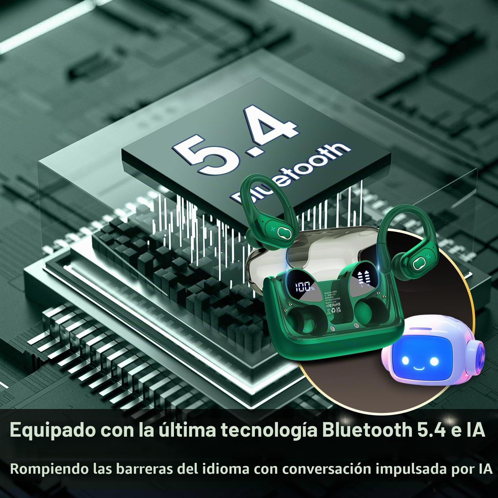 AI Auriculares Traductor en Tiempo Real(2026), 164 Idiomas y 6 Modos de Traducción, 3 in 1 AI Auriculares Traductor, Bluetooth 5.4 con ENC y App con para Viajes/Negocios/Aprendizaje/Reunirse Verde