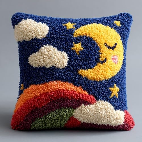 Henypt DIY Latch Hook Cushion Kit 43x43cm,Cartoon Moon Complete Needlecraft Set with Pre-Cut Yarn & Tools,Creative Home Decor Gift for All Ages