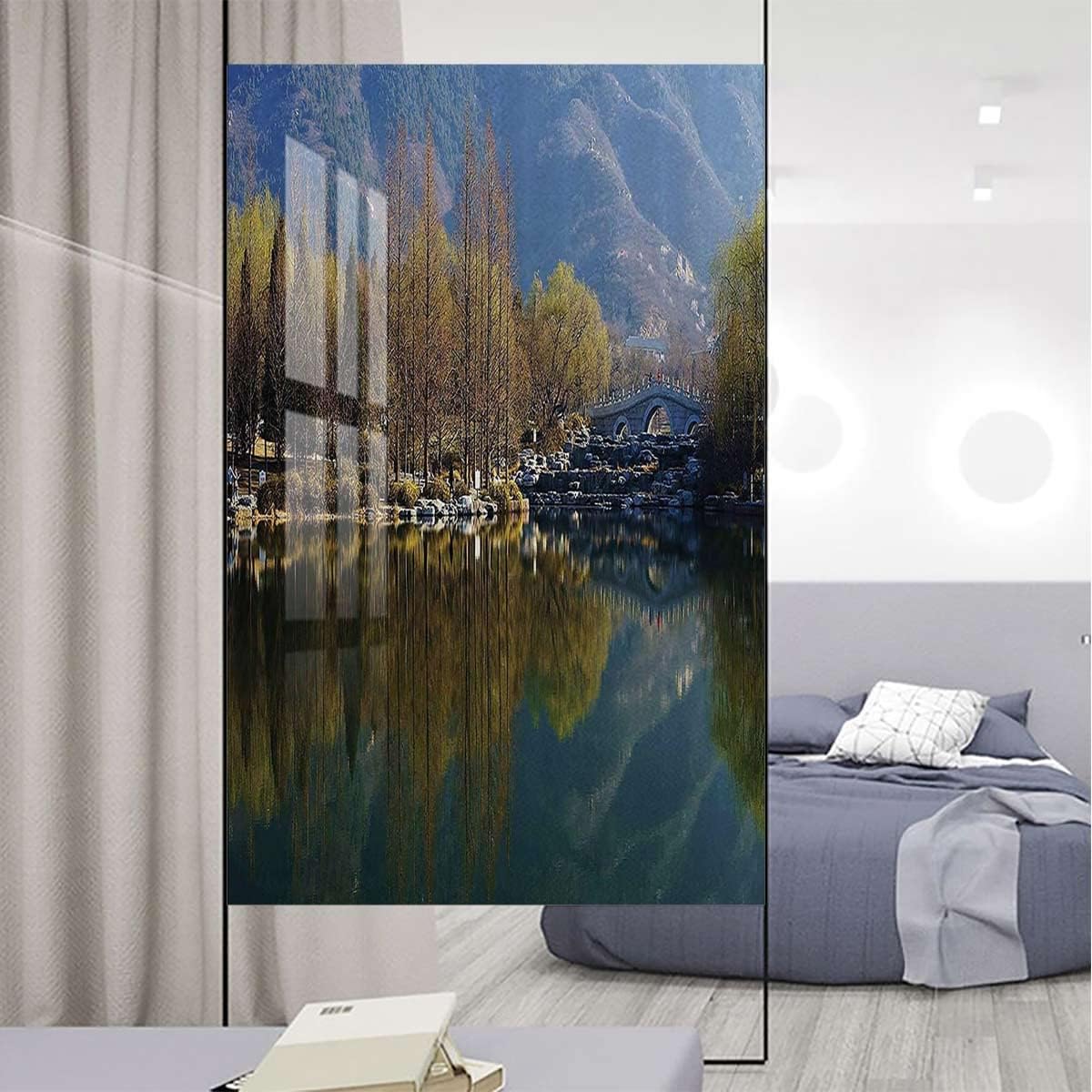 Green Slate Blue Window Film Window Privacy Film Nature Scenery Reflecting on Water Lake Frosted Privacy Window Film Non-Adhesive Outdoor 23.6Wx47.2L-inch