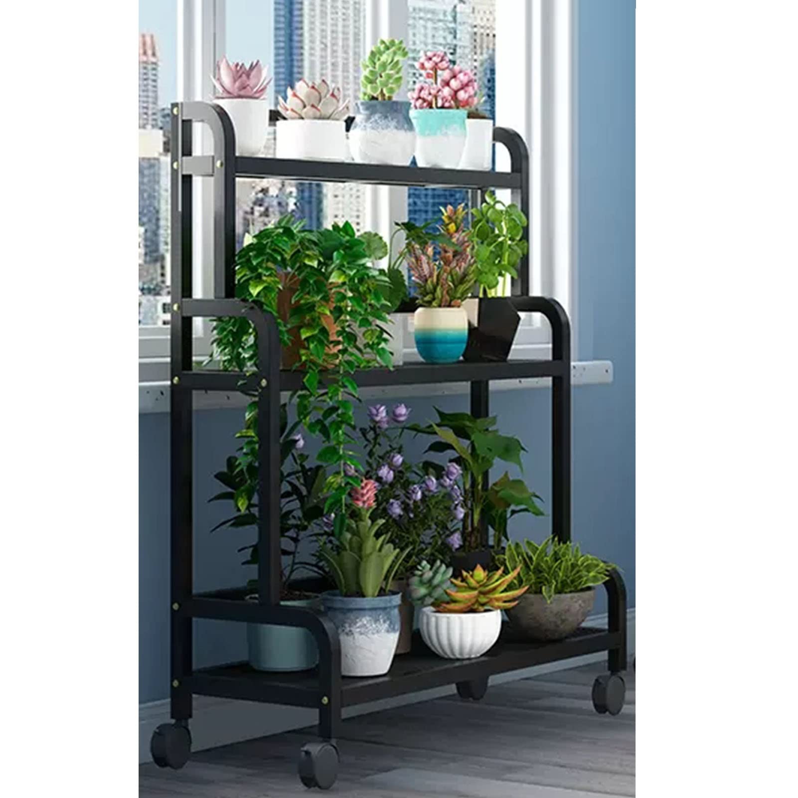 Support pour plantes d'échelle de jardin | Étagère à échelle à 3 niveaux pour présentoir à bonsaï | Organisateur de rangement pour jardinière d'intérieur et d'extérieur de 107 cm de haut - Métal noir