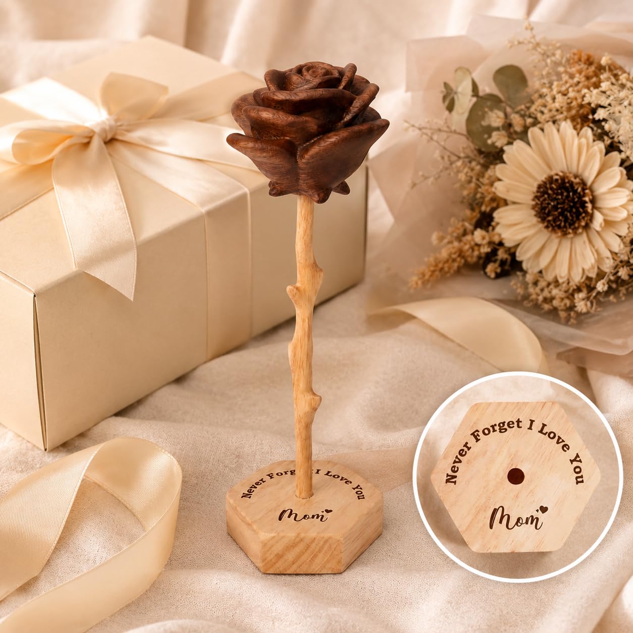Rosa de madera para decoración, el detalle único de hijo e hija para el Día de la Madre
