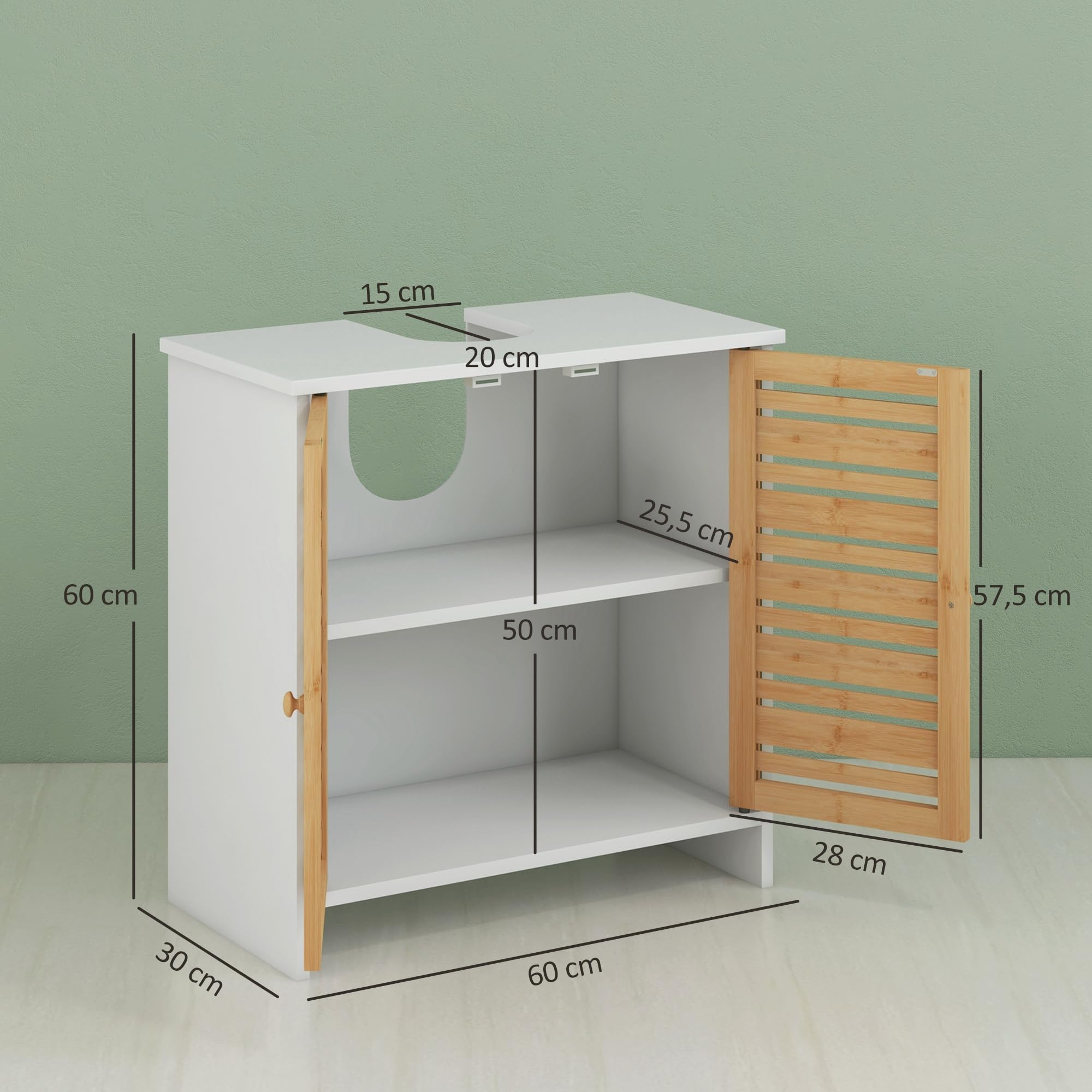 HOMCOM Meuble sous Vasque Meuble de Salle de Bain 2 Portes avec étagère réglable Armoire de Rangement pour lavabo 60 x 30 x 60 cm en Bambou Naturel et Blanc