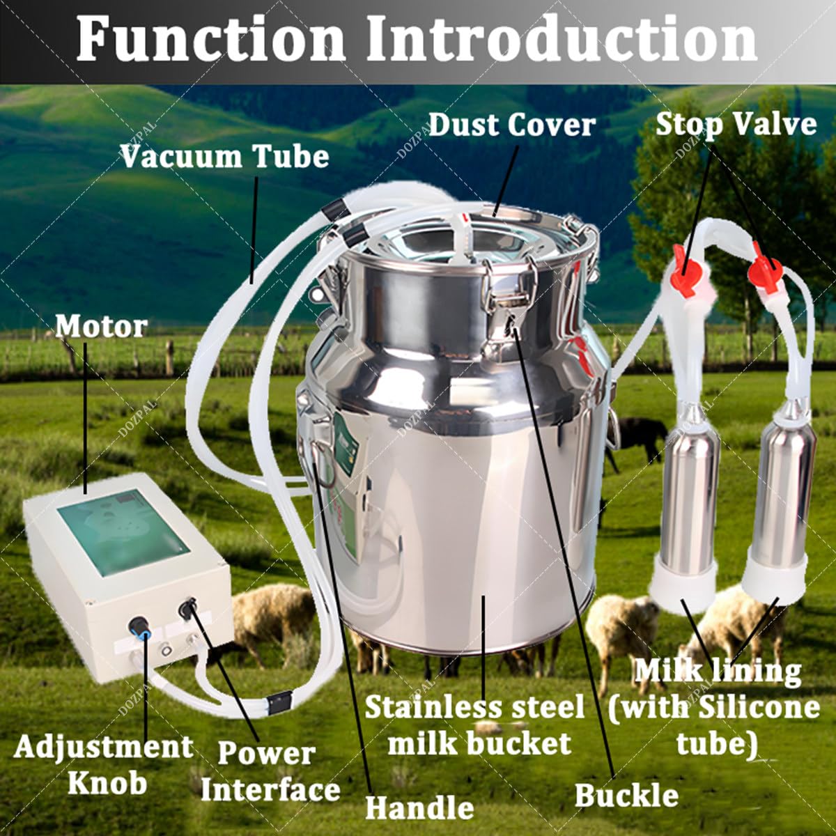Mungitrice per Mucche e capre, mungitrice Domestica a Doppia Testa con Secchio in Acciaio Inox da 10L/14L, Funzione di Arresto Automatico, mungitrice elettrica a pulsazione Portatile Cow-10L
