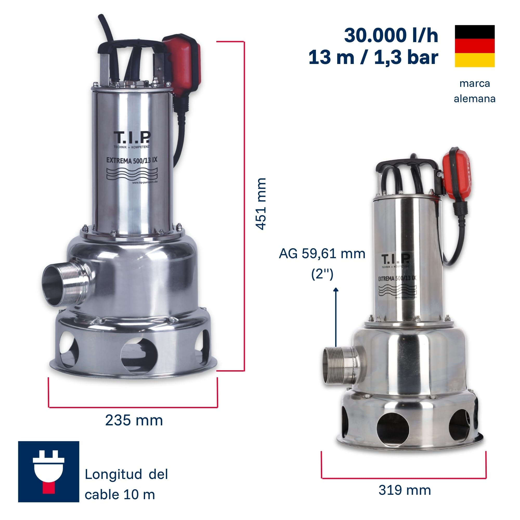 T.I.P. 30171 Bomba sumergible para aguas residuales Extrema 500/13 PRO de acero inoxidable, caudal de hasta 30 000 l/h