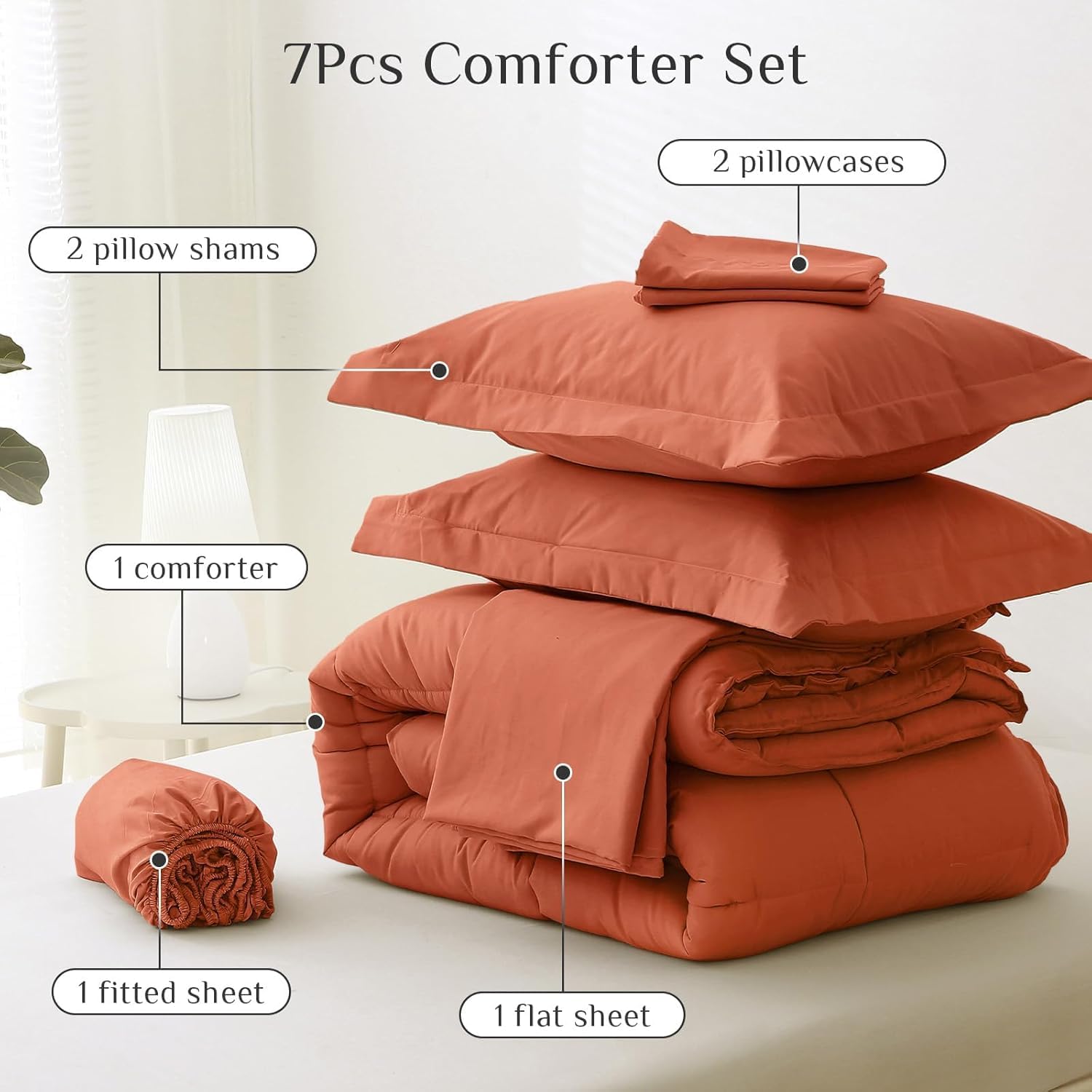 JOLLYVOGUE Full Comforter Set, Ultra-Soft Bed in a Bag Full Size 7 Pieces, Oeko-TEX Certified Bedding Set with Down Alternative Comforter, Sheets, Pillowcases & Shams, Burnt Orange - Image 5
