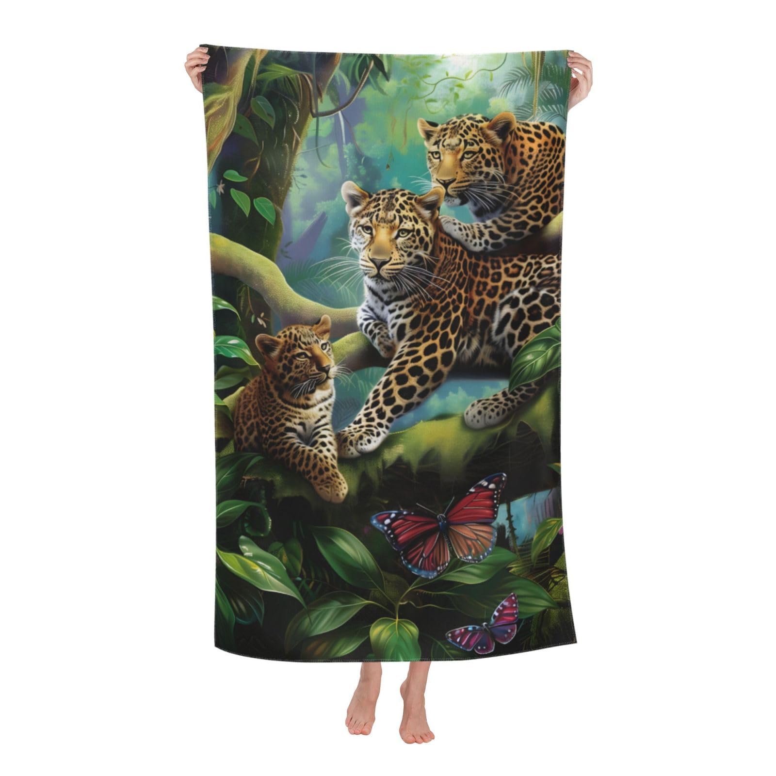 HLBSDM Leopard Family Beach Towel Microfiber Quick Dry Oversized Sand Proof Lightweight Bath Pool Cheetah in Forest Towel for Women Adults Kids Soft Absorbent Towels for Swimming Travel 32×52 IN