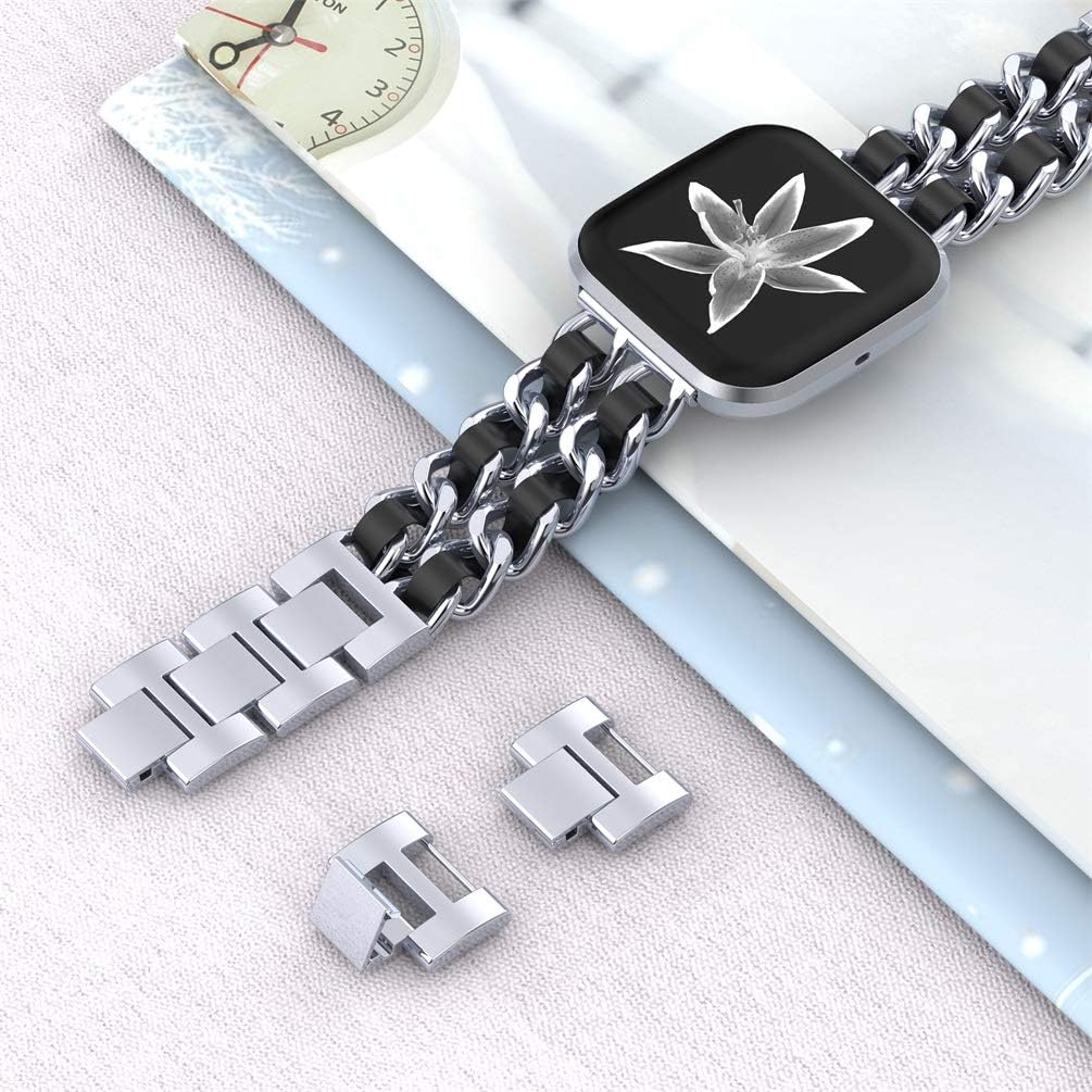 Wearlizer Chain Bands Compatible with Fitbit Versa 2/Fitbit Versa/Versa Lite Bands for Women Girl,Metal Chain interlaced with Leather Strap Bracelet for fitbit versa dressy bands(Silver+Black)