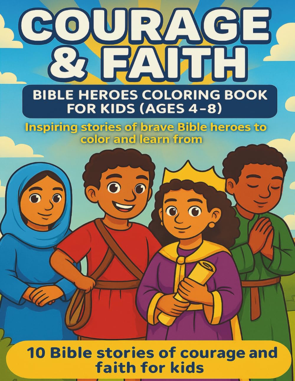 Courage & Faith: Bible Heroes Coloring Book for Kids (Age 4–8): Inspiring Christian coloring pages featuring diverse Bible heroes, Hebrew names, and positive faith affirmations for children
