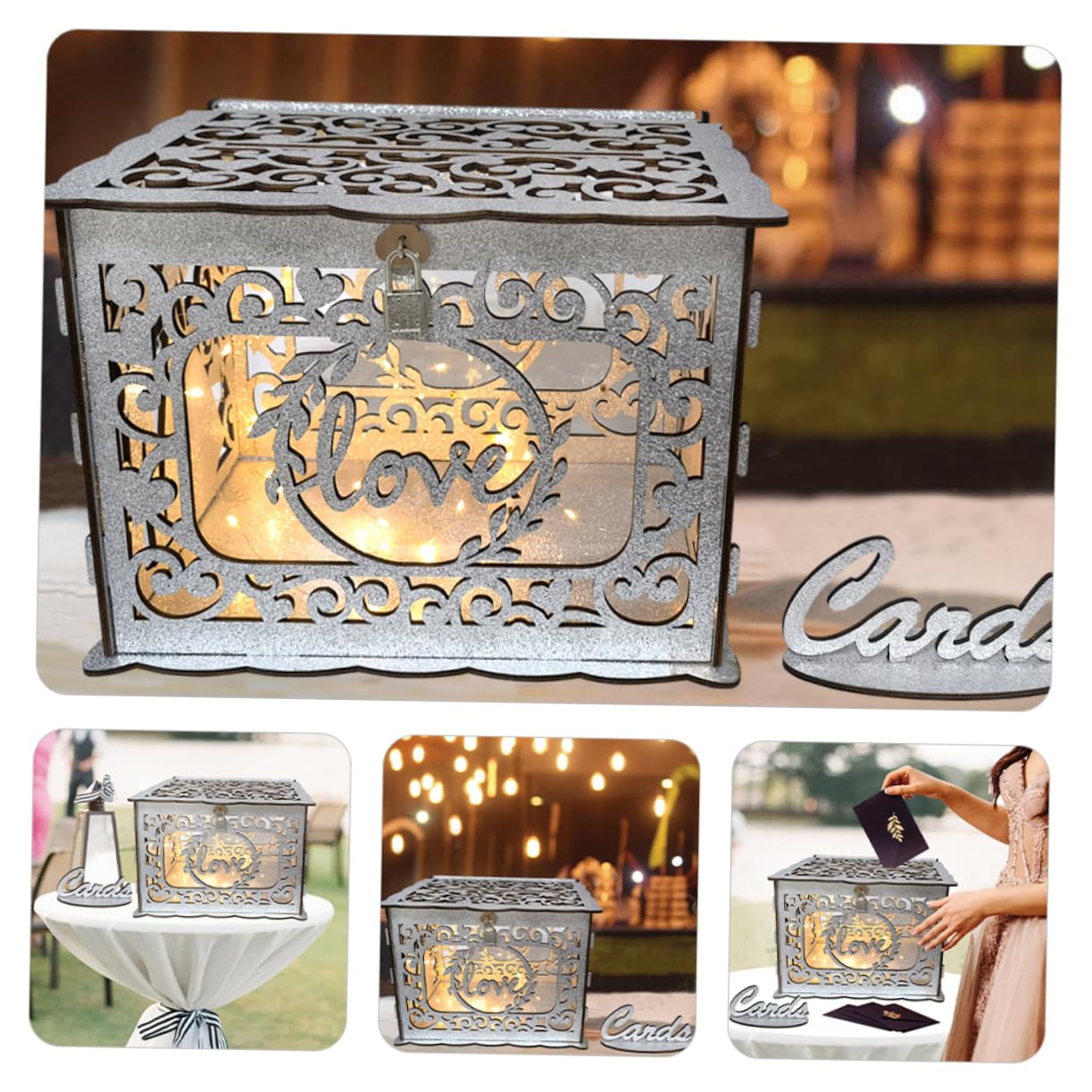 Didiseaon Scatola in Legno Per Biglietti Di Nozze Scatola Regalo Quadra Per Biglietti d Auguri Contenitore Di Legno Per Ricevimento Di Nozze Con Design Traforato